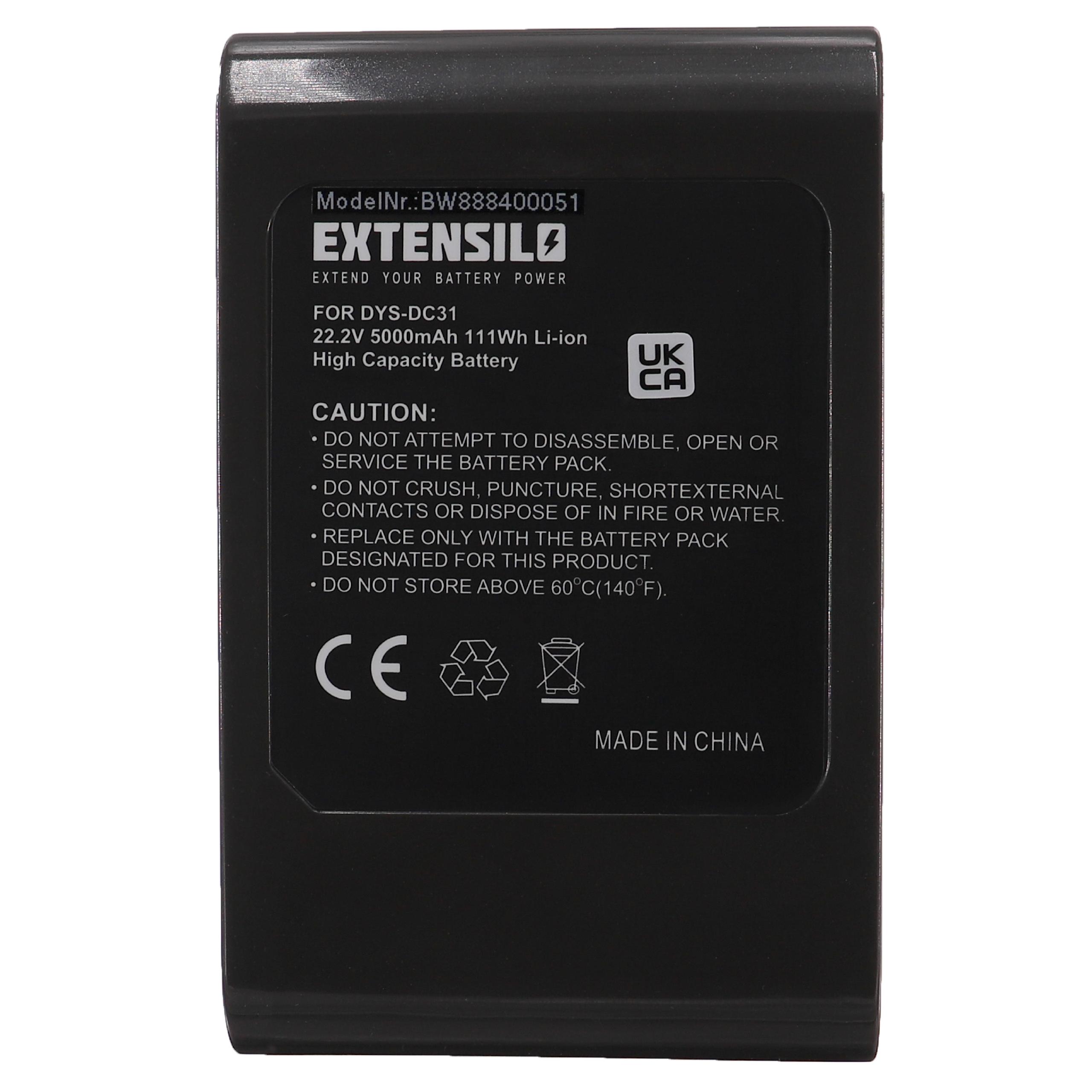 Extensilo Batterie remplace Dyson 17083-3009, 17083-3511 pour aspirateur - 5000mAh 22,2V Li-ion, noir