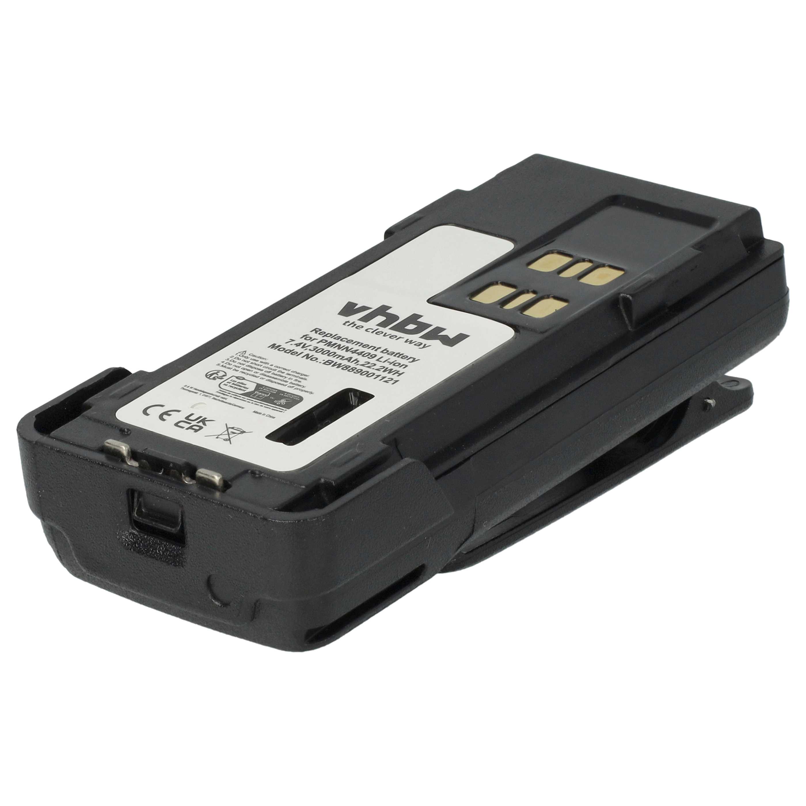 Radio 10x Battery replaces Motorola PMNN4406, PMNN4406BR, PMNN4409 - 3000 mAh 7.4 V Li-Ion + Belt Clip