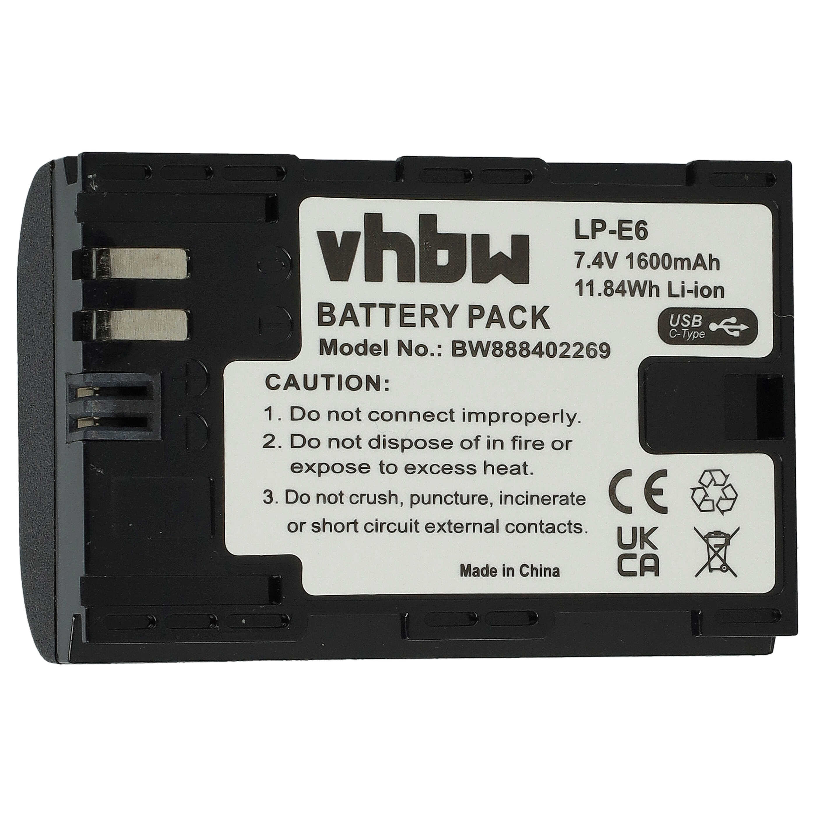 2x Battery replaces Canon LP-E6 - 1600mAh, 7.4V, Li-Ion, with USB C Socket