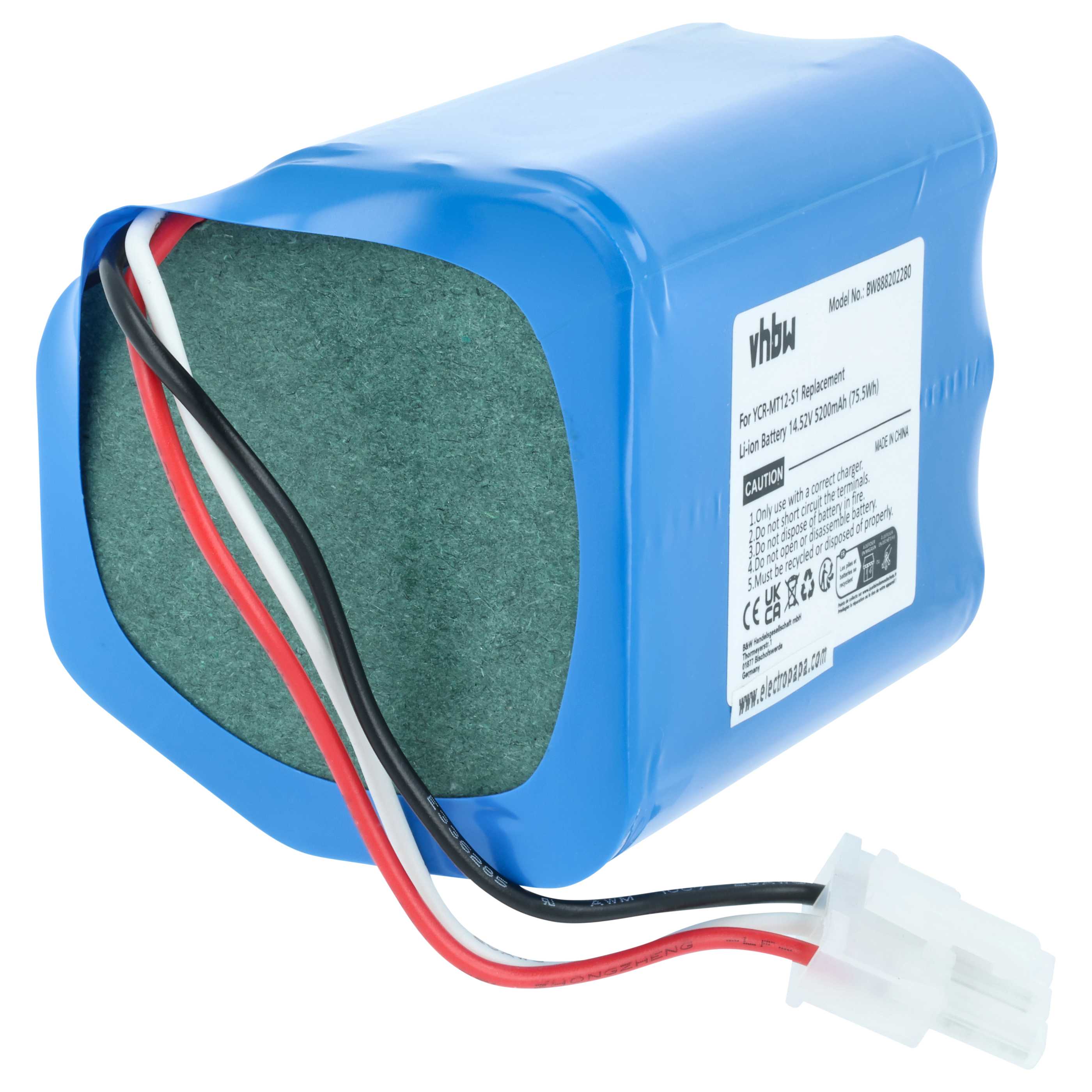 Battery replaces iClebo YCR-MT12-S1, YCR-M07-20W for iClebo etc. 5200mAh, 14.52V, Li-Ion