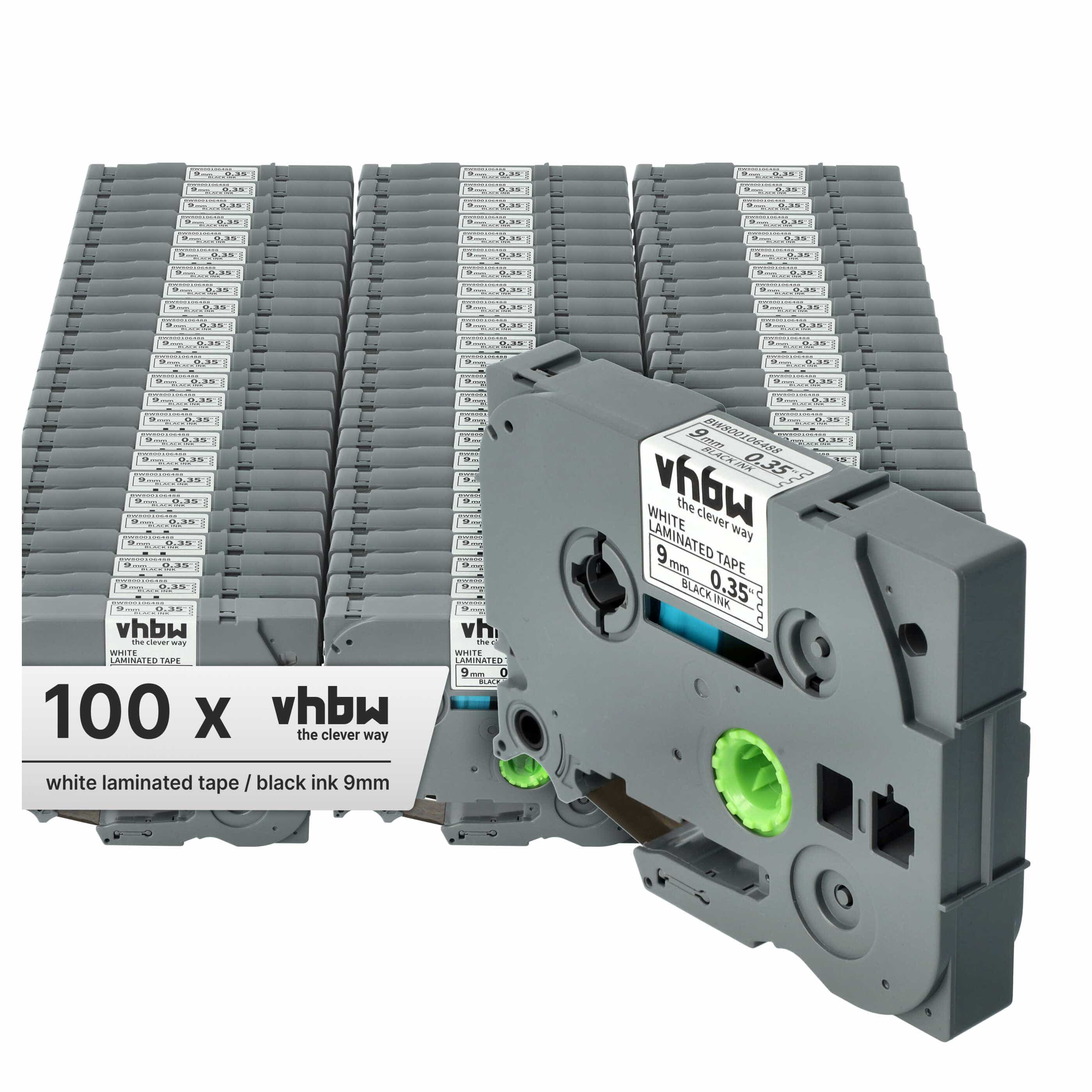 100x Label Tape replaces Brother TZ-221, TZE-221 - 9 mm Black to White