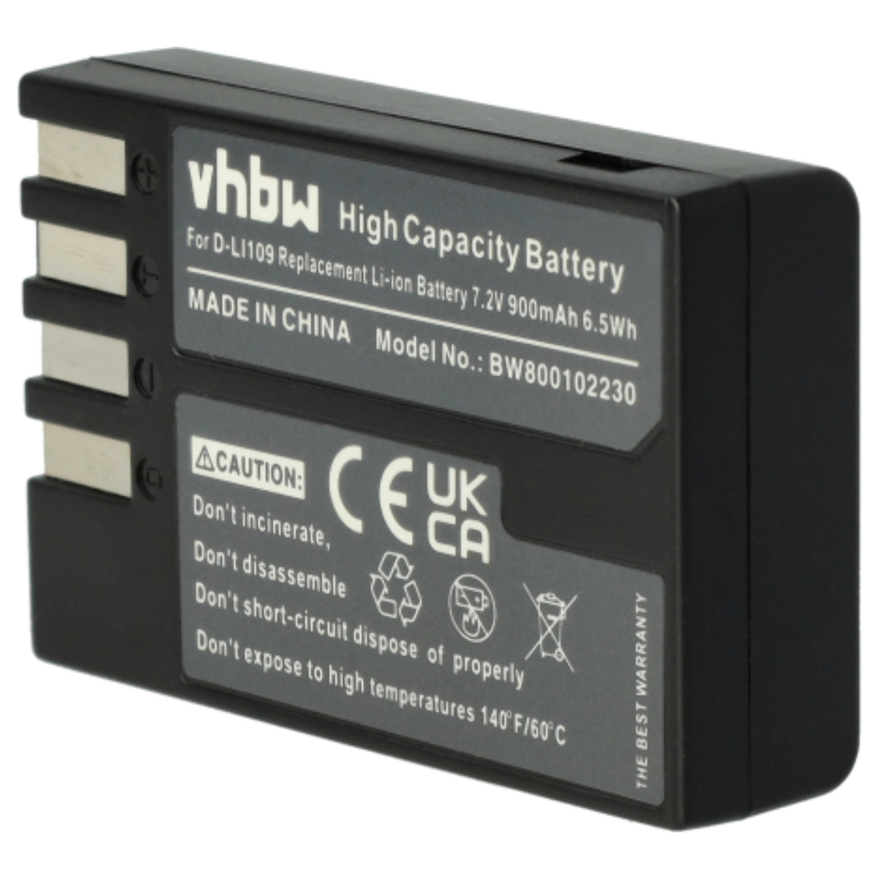 2x Battery replaces Pentax D-Li109 - 900mAh, 7.2V, Li-Ion