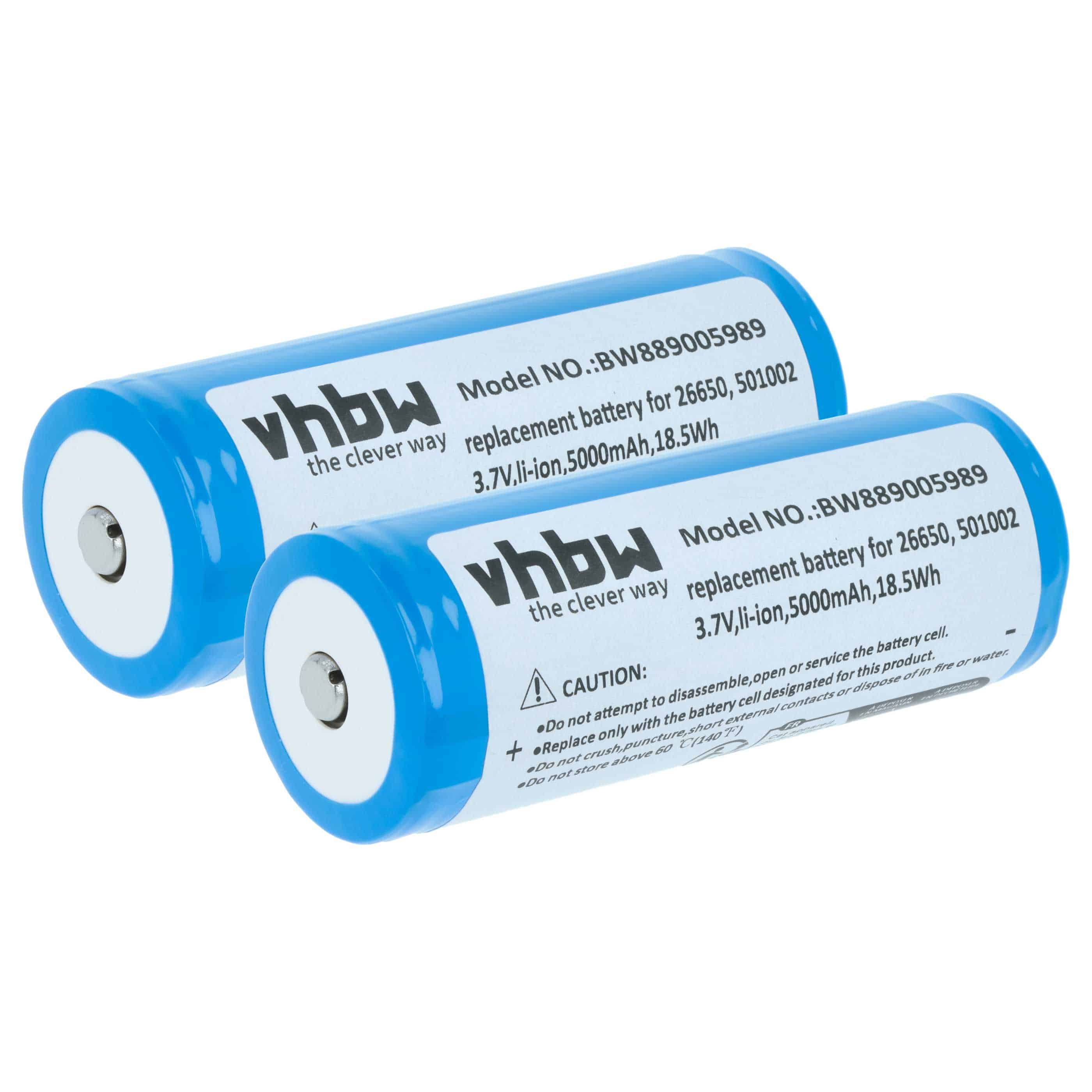 Torch - 2x Battery replaces Ledlenser 501002, 04058205009263, 26650 - 5 Ah 3.7 V Li-Ion