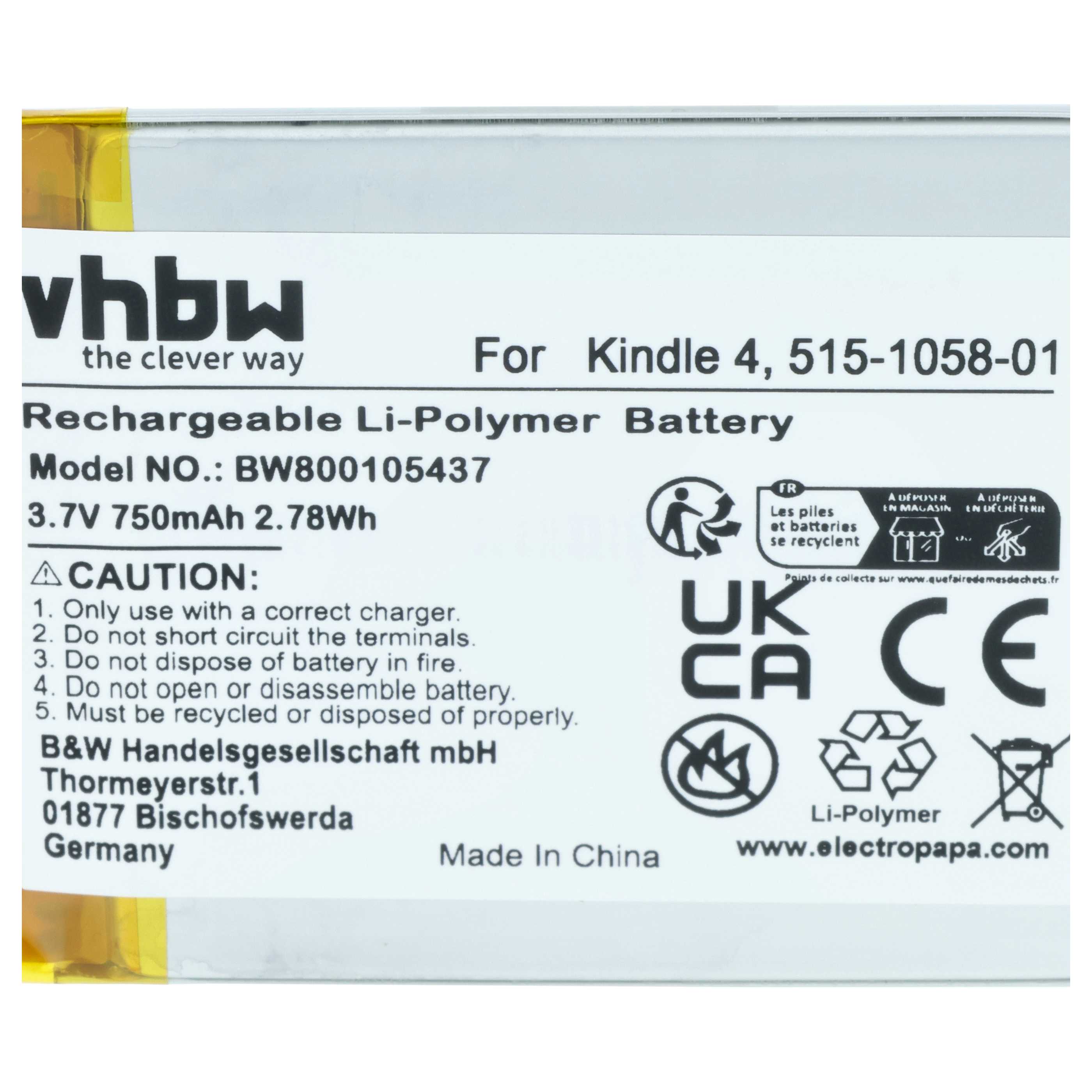 E-Book Battery replaces Amazon 515-1058-01, M11090355152, MC-265360, S2011-001-S - 750 mAh 3.7 V Li-polymer