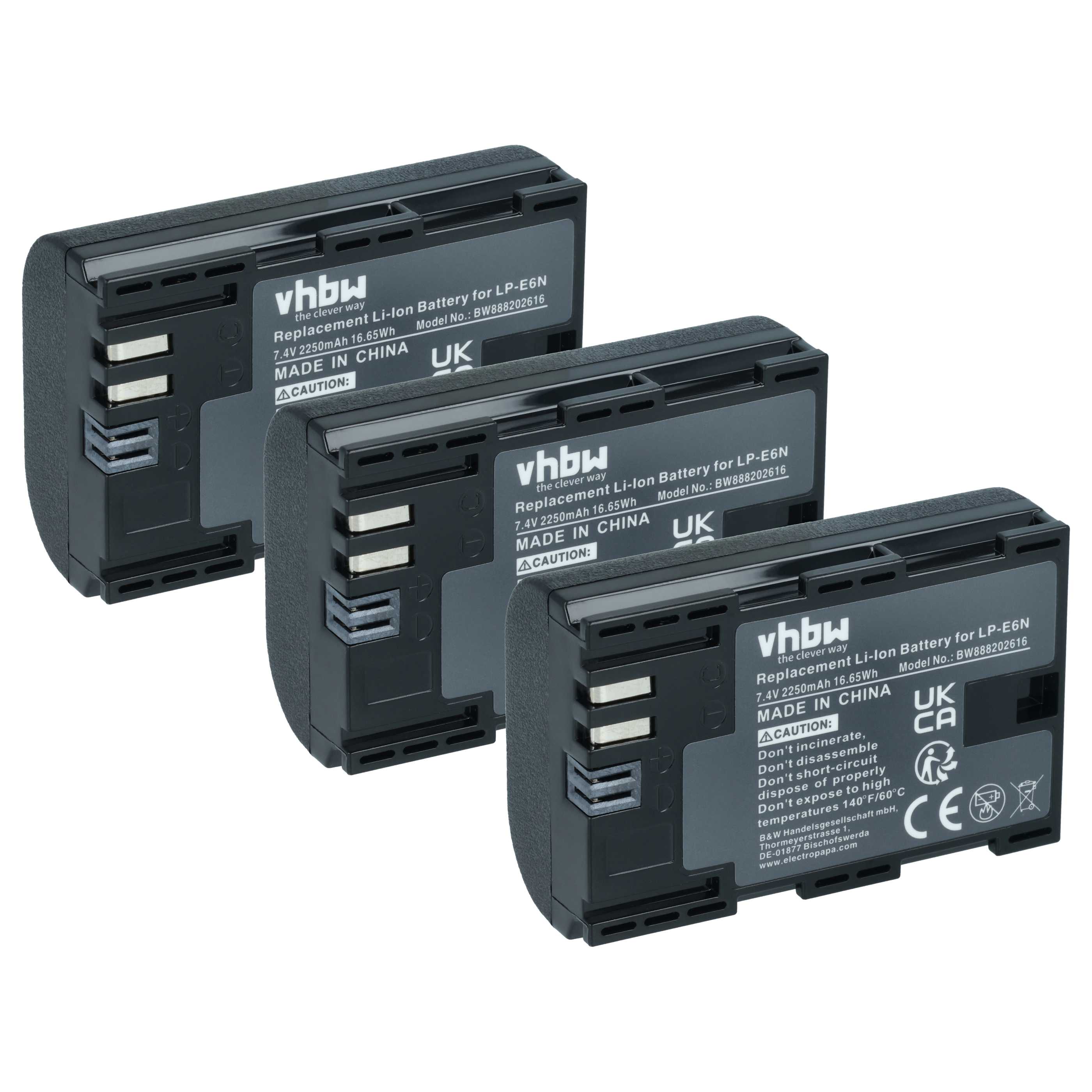 3x Batteria sostituisce Canon LP-E6N per fotocamera - 2250mAh 7,4V Li-Ion + chip