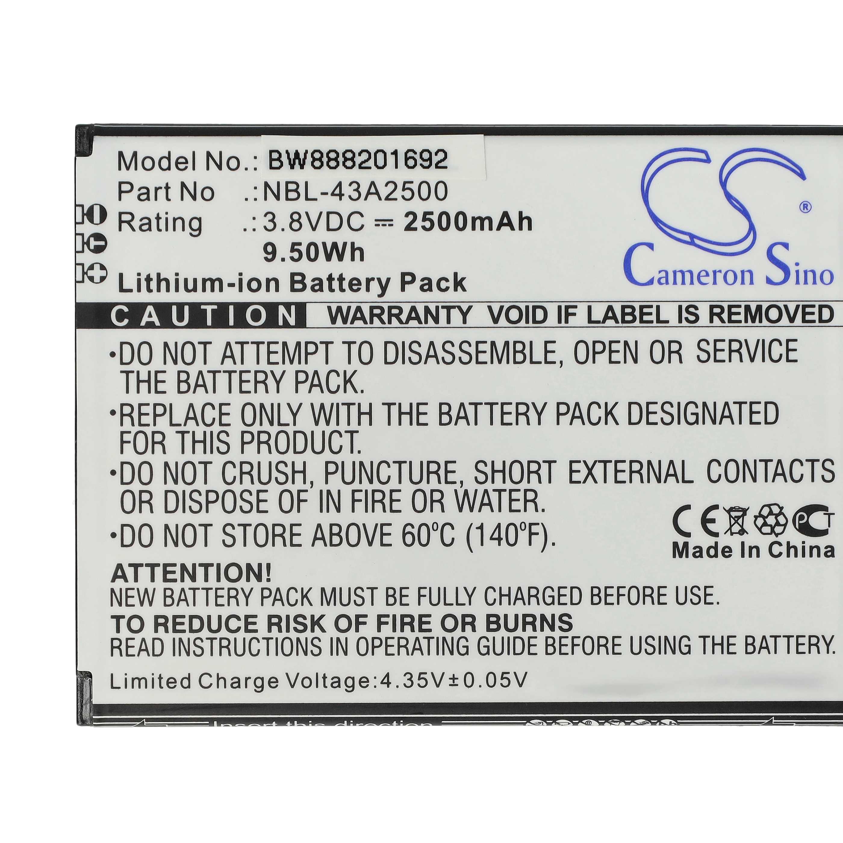Mobile Phone Battery Replacement for TP-Link / Neffos NBL-43A2500 - 2500mAh 3.8V Li-Ion