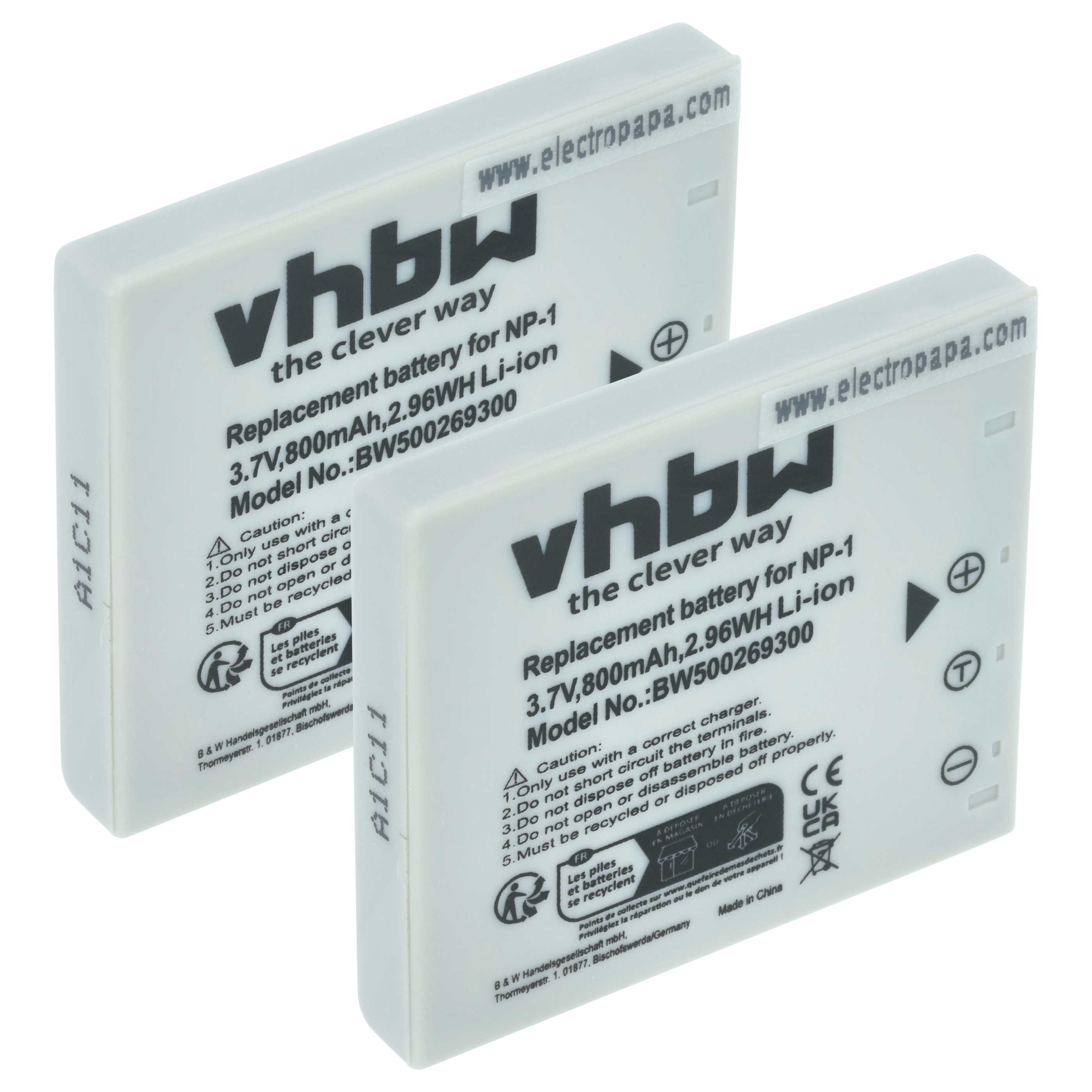 2x Battery replaces Konica Minolta NP-1 - 800mAh, 3.7V, Li-Ion