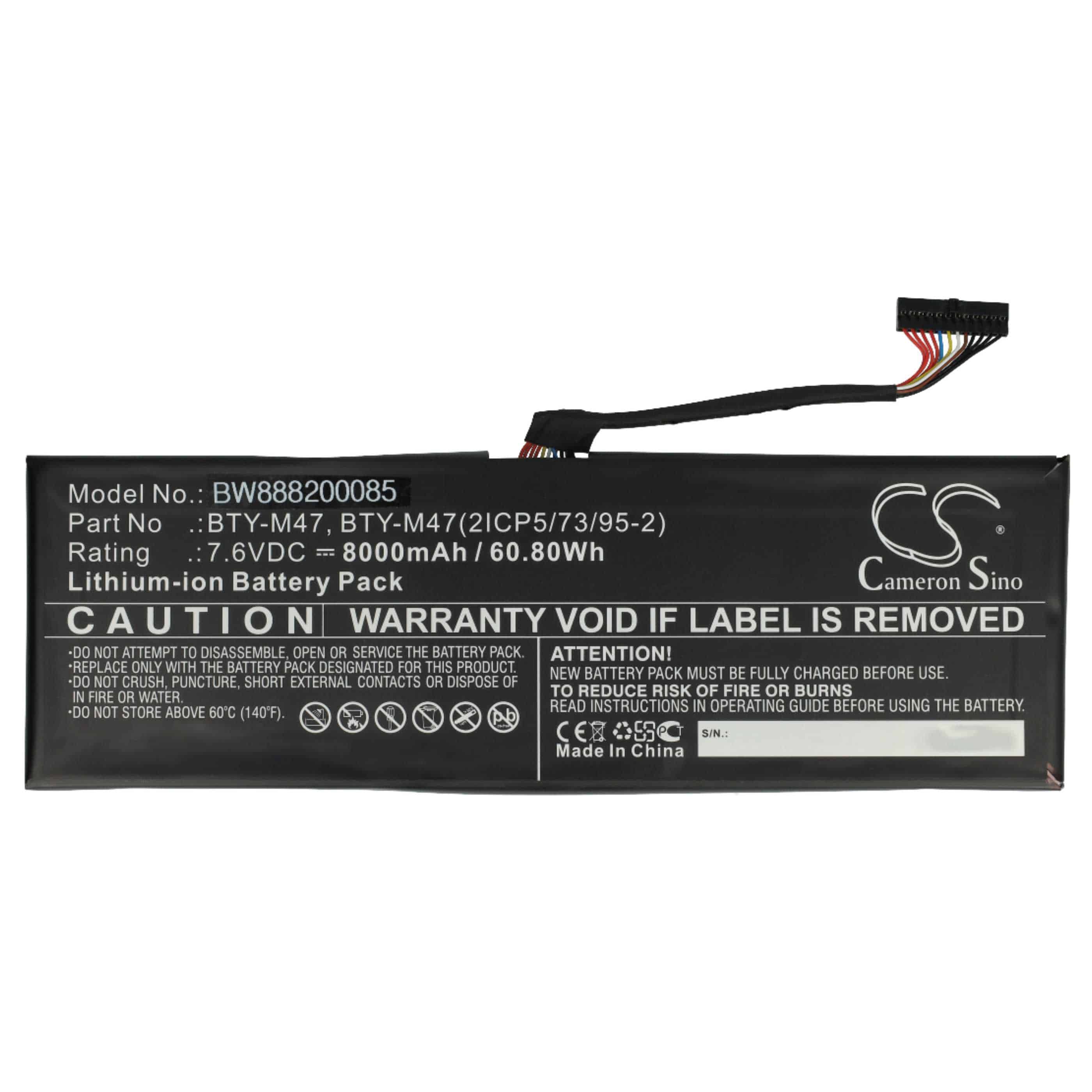 Notebook Battery Replacement for MSI BTY-M47, BTY-M47(2ICP5/73/95-2) - 8060mAh 7.6V Li-Ion, black