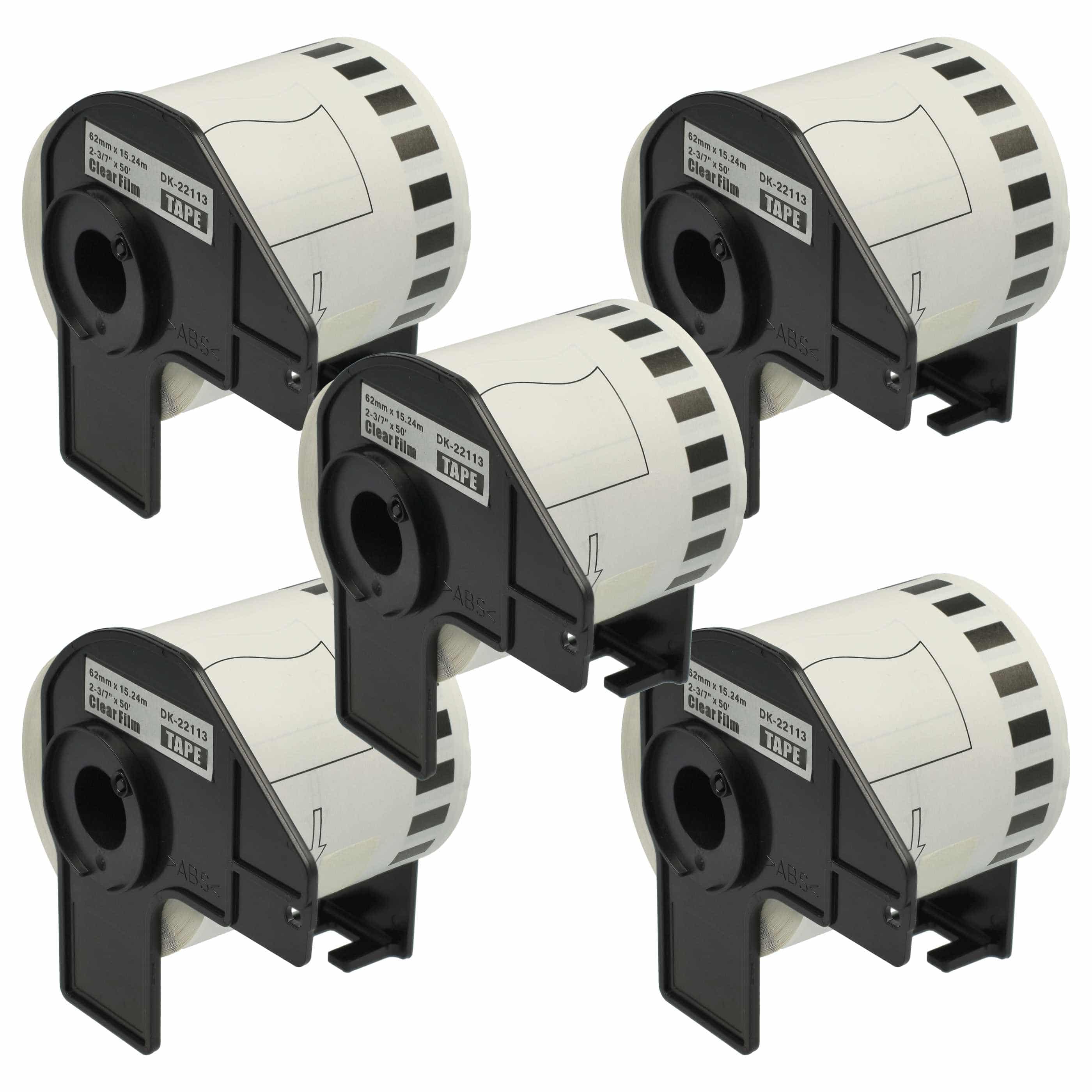 5x Label Roll replaces Brother DK-22113 Labeller - Self-Adhesive 62 mm x 15.24 m + Holder