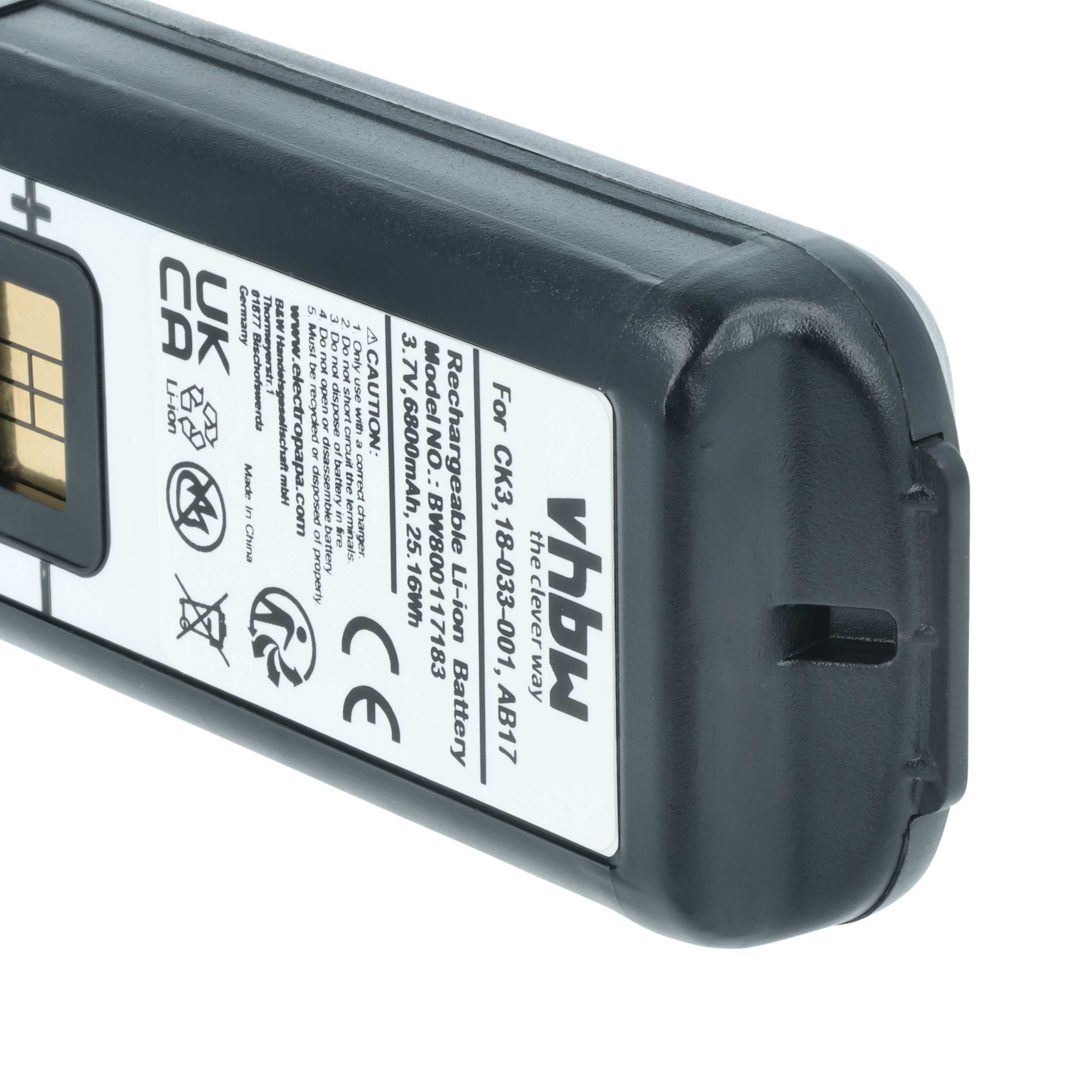 Batería reemplaza Intermec 318-033-021, 318-033-001 para escáner código de barras (6800 mAh, 3,7 V, Li-Ion)