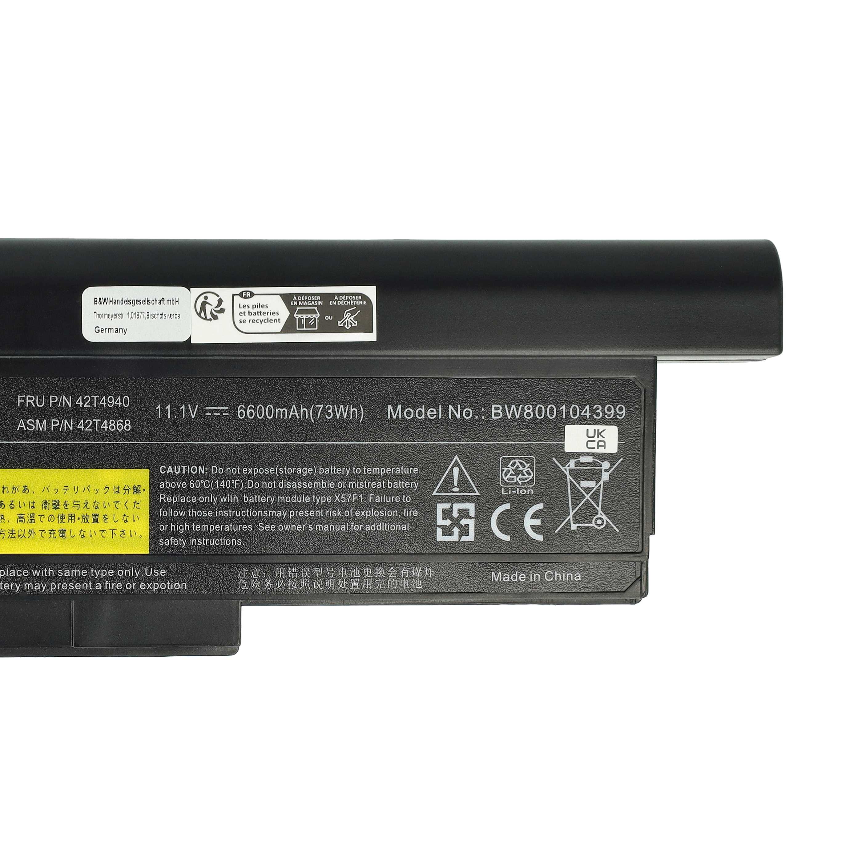Batterie remplace Lenovo 0A36283, 0A36281, 0A36282 pour ordinateur portable - 6600mAh 10,8V Li-ion, noir