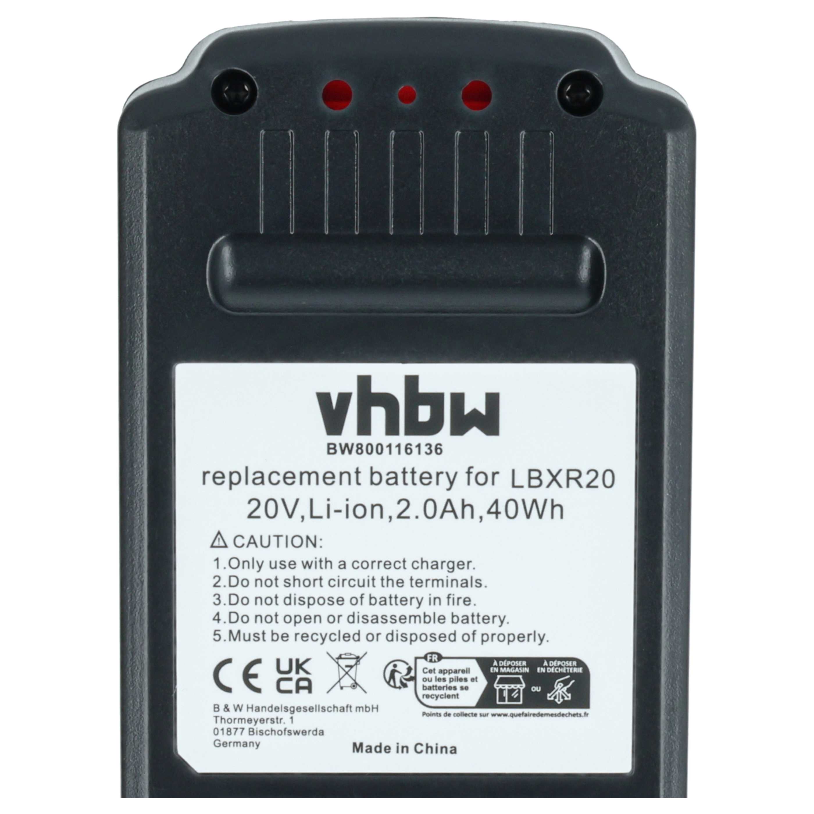 Battery replaces Black & Decker LBXR20, LBX20, LB20, LB2X4020 Electric Power Tool - 2000 mAh, 20 V, Li-Ion