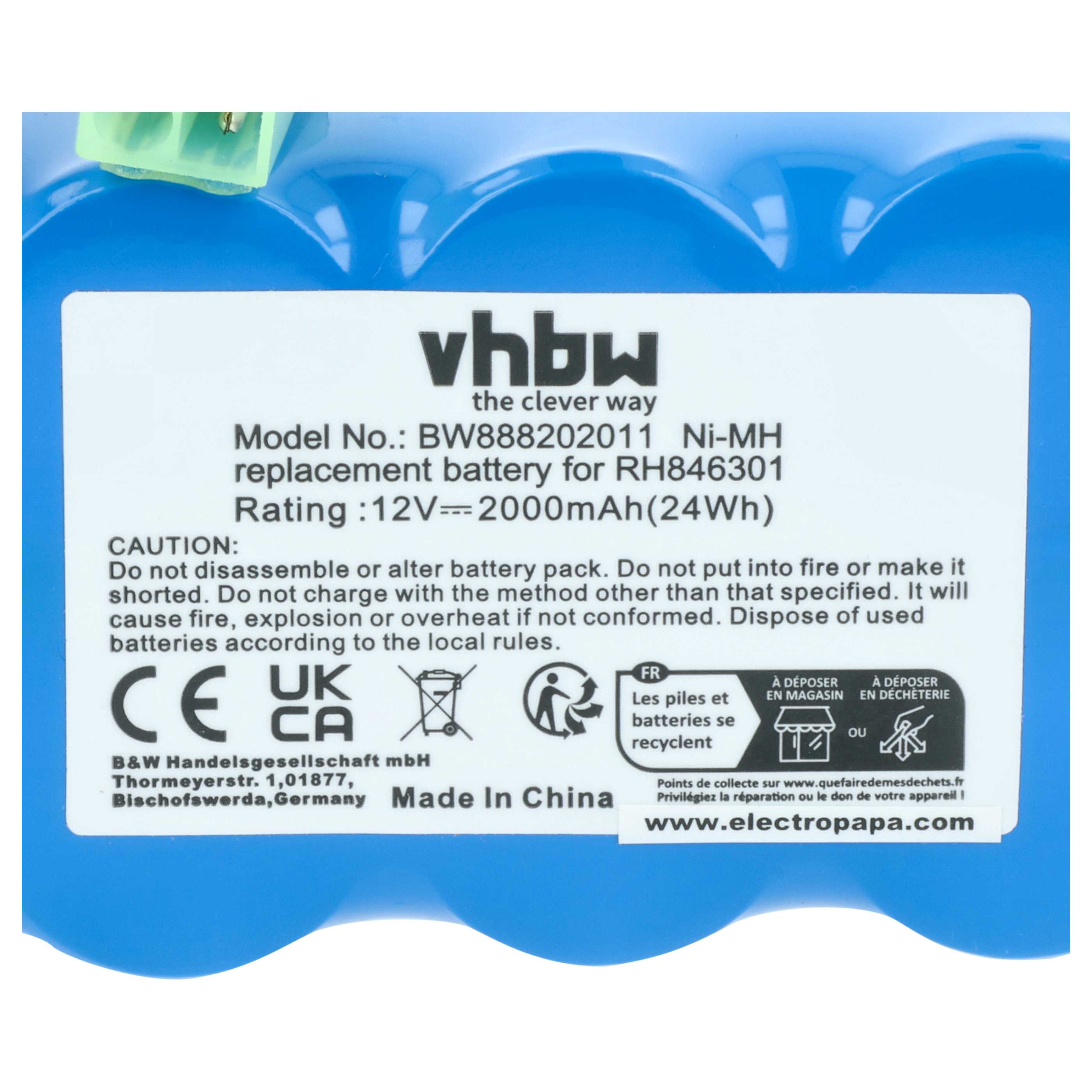 Battery replaces Rowenta RH5488, RD-ROW12VA for Tefal etc. 2000mAh, 12V, NiMH