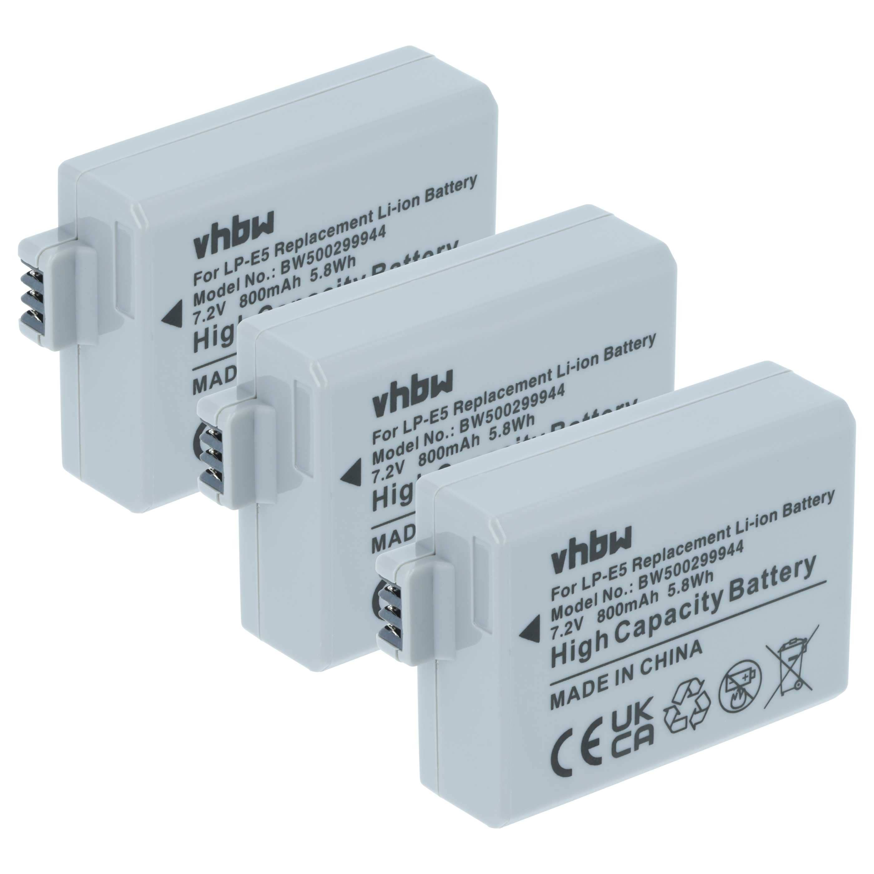 3x Battery replaces Canon LP-E5, LC-E5 - 900mAh, 7.4V, Li-Ion
