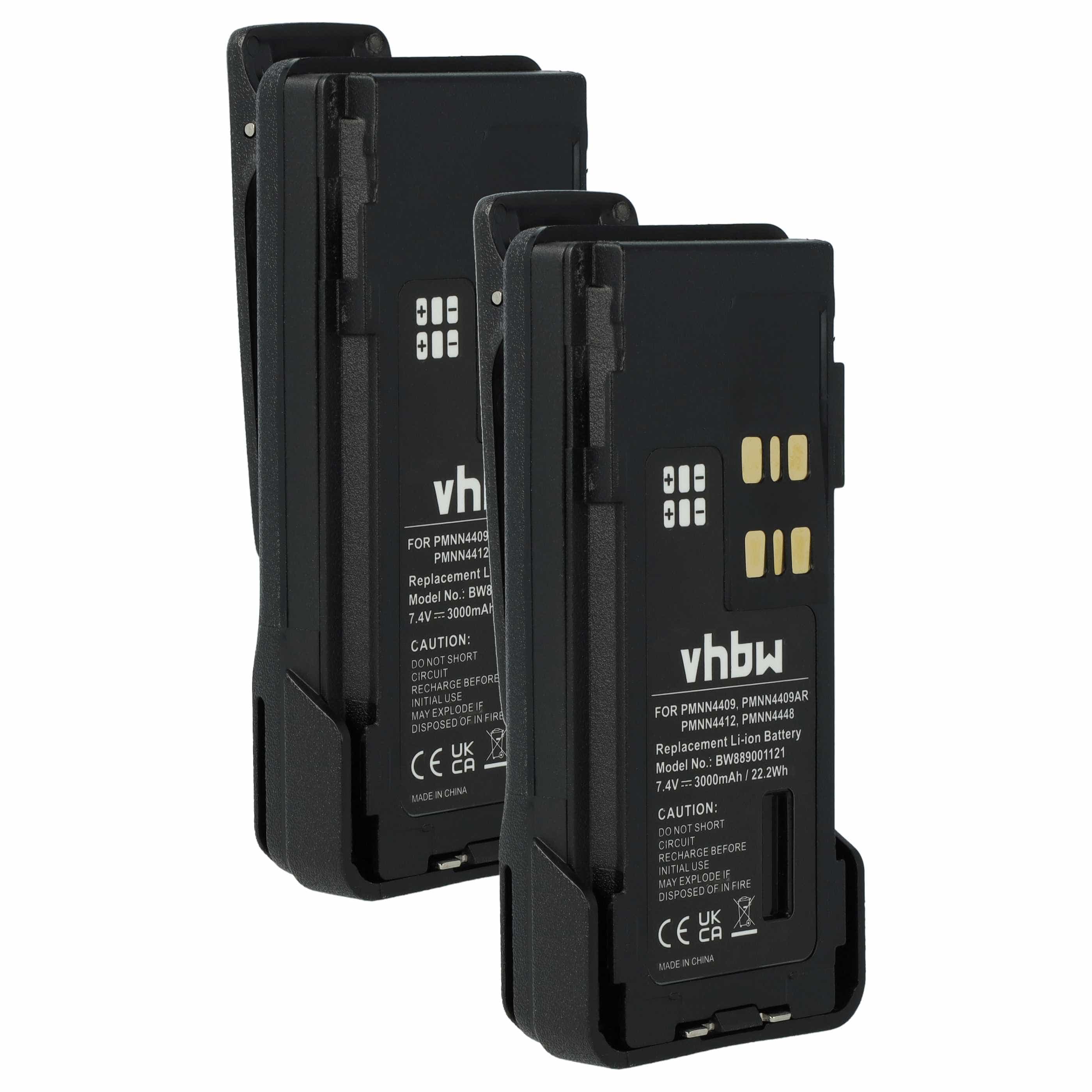 Radio 2x Battery replaces Motorola PMNN4406, PMNN4406BR, PMNN4409 - 3000 mAh 7.4 V Li-Ion + Belt Clip