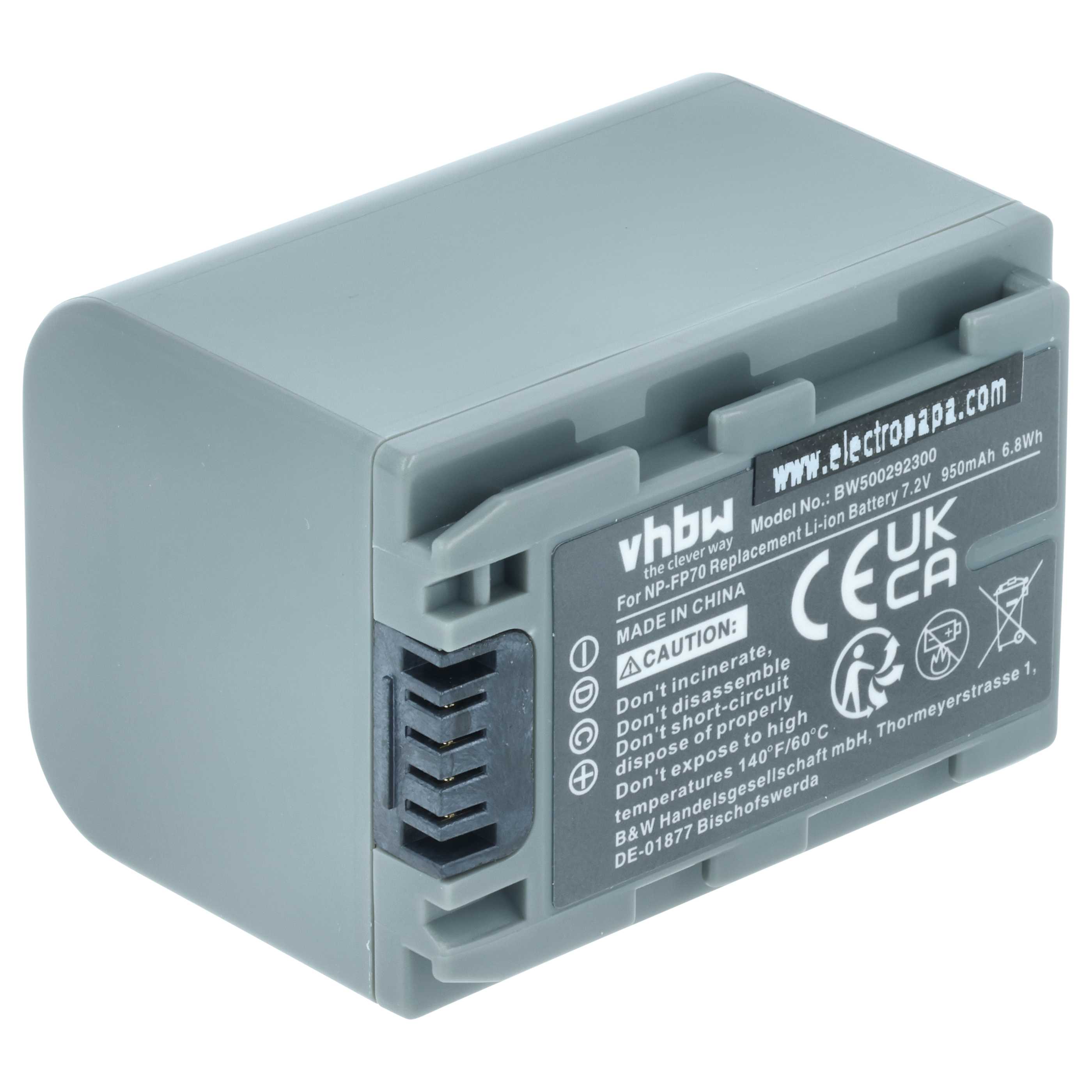 Videocamera Battery replaces Sony NP-FP60, NP-FP51, NP-FP50, NP-FP30, NP-FP71, NP-FP70 - 950 mAh 7.2 V Li-Ion