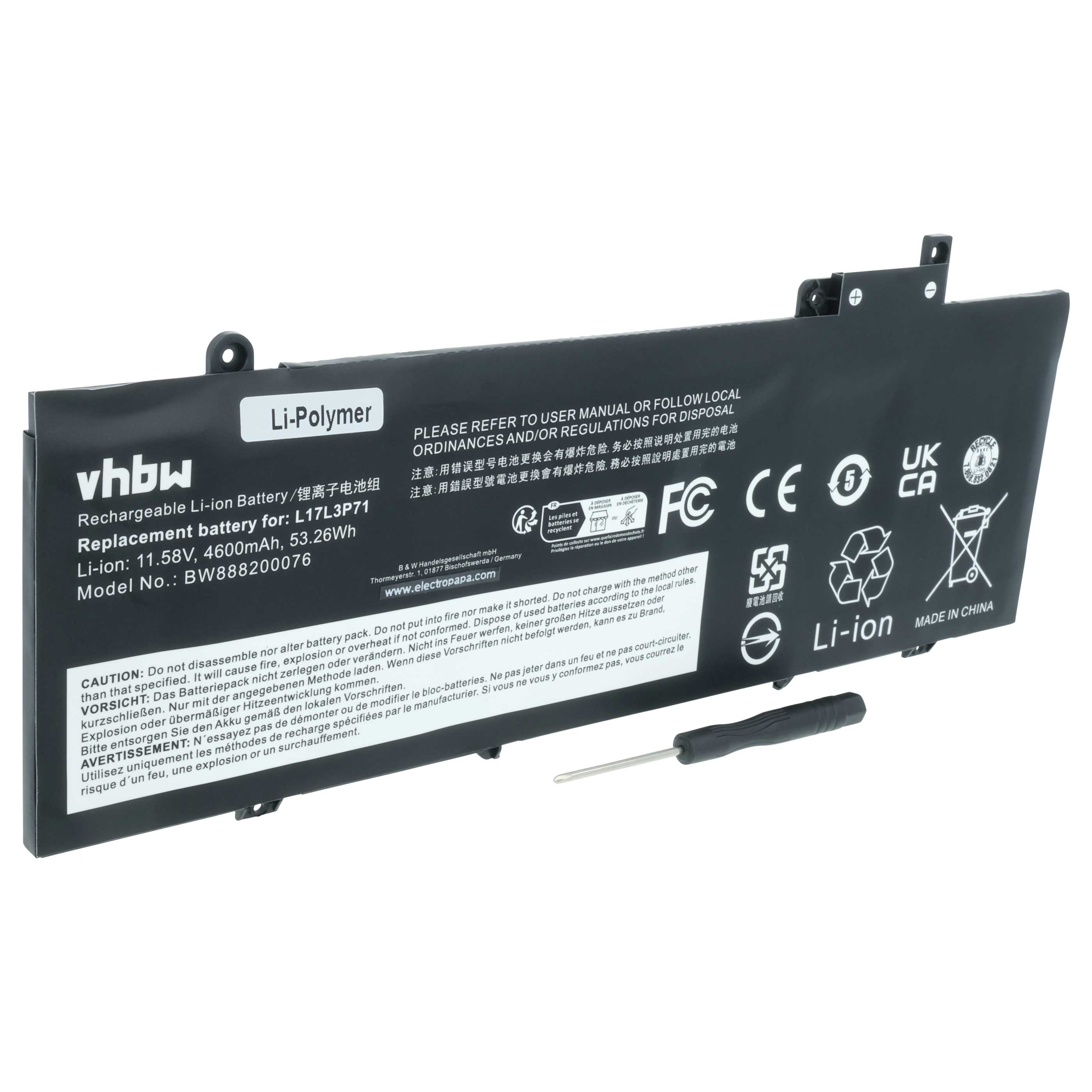 Batteria sostituisce Lenovo 01AV478, L17L3P71, 01AV479, 01AV480 per notebook - 4600mAh 11,58V Li-Poly