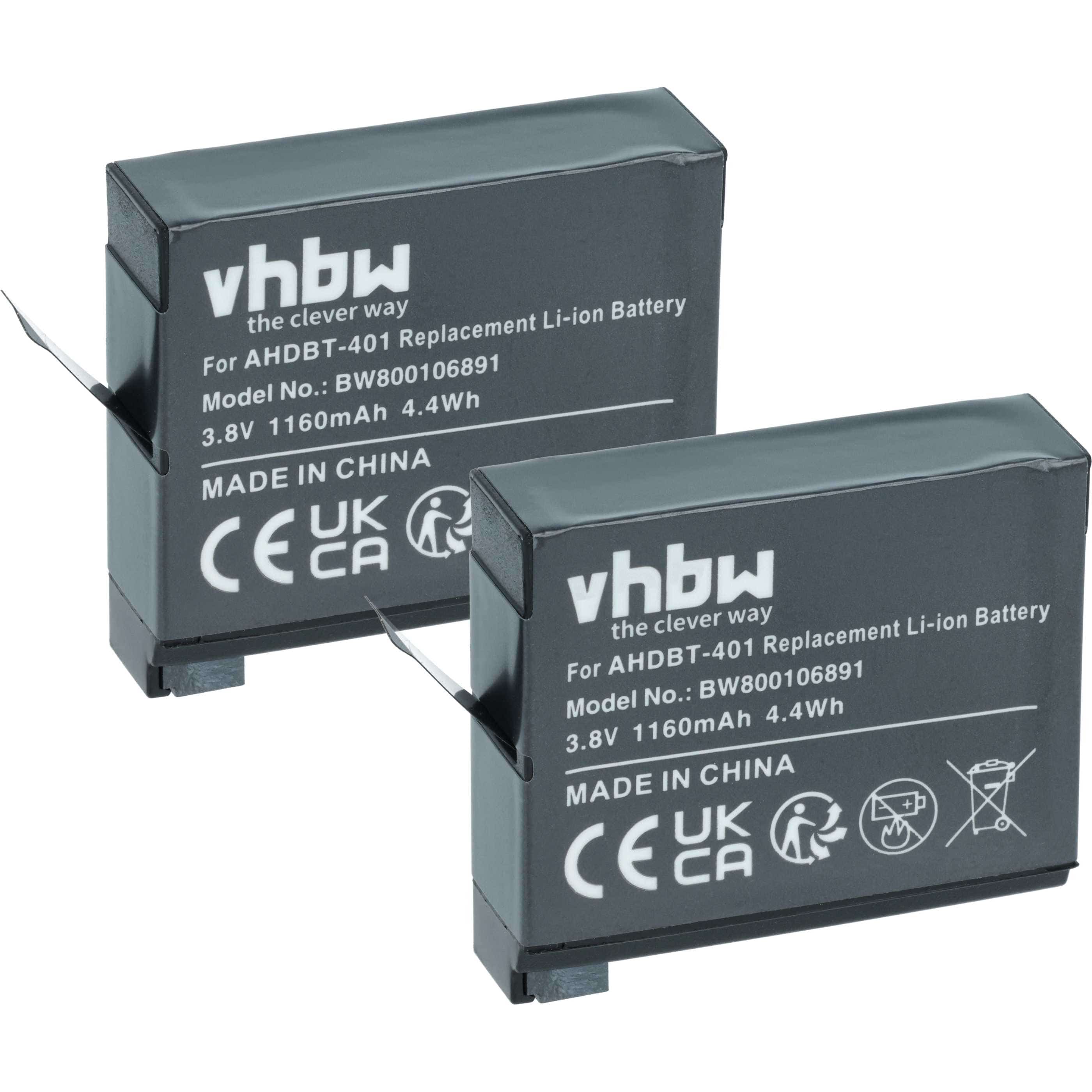 Videocamera 2x Battery replaces GoPro AHDBT-401, 335-06532-000 - 1160 mAh 3.7 V Li-Ion