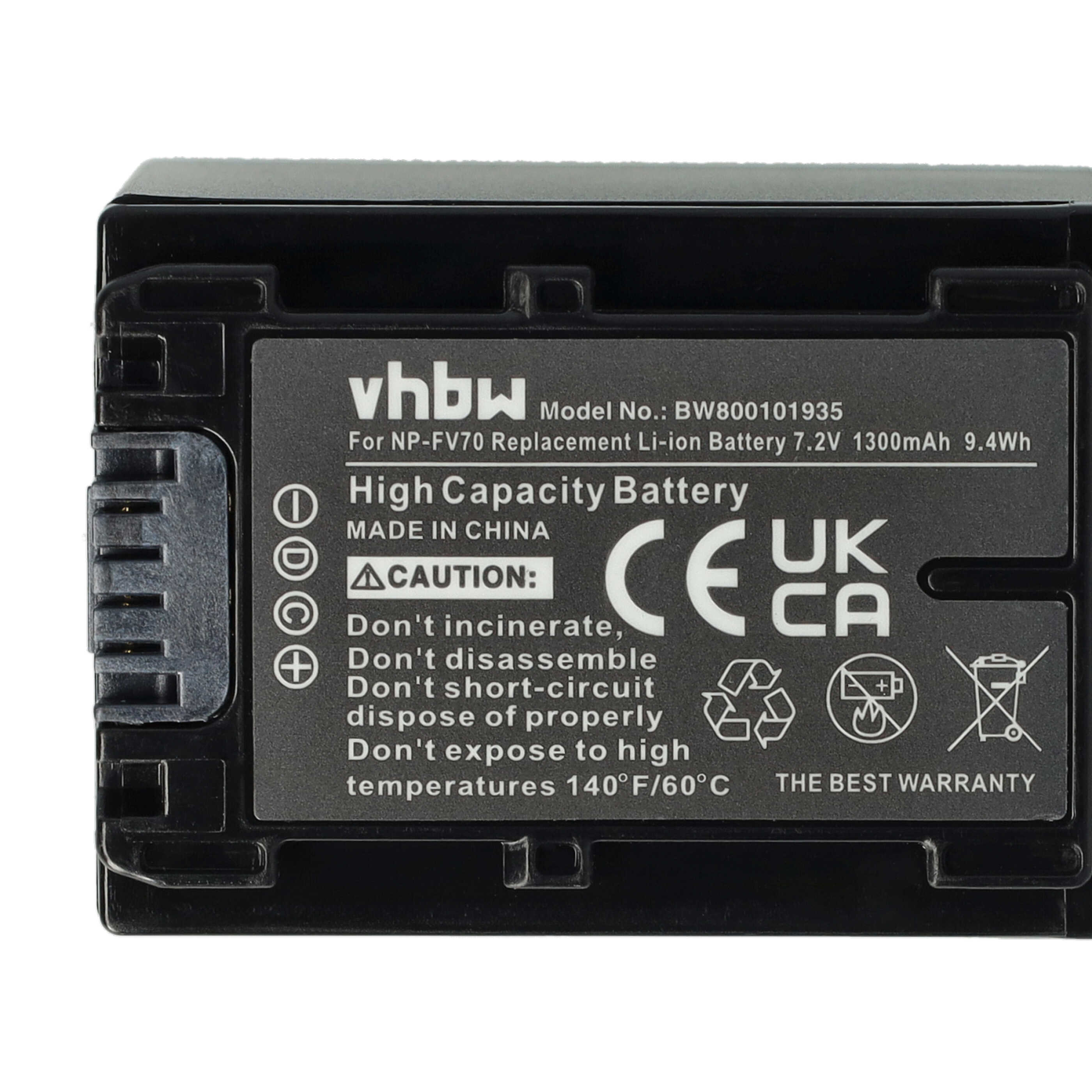 Videocamera 2x Battery replaces Sony NP-FV40, NP-FV50, NP-FV100, NP-FV60, NP-FV30 - 1300 mAh 7.2 V Li-Ion