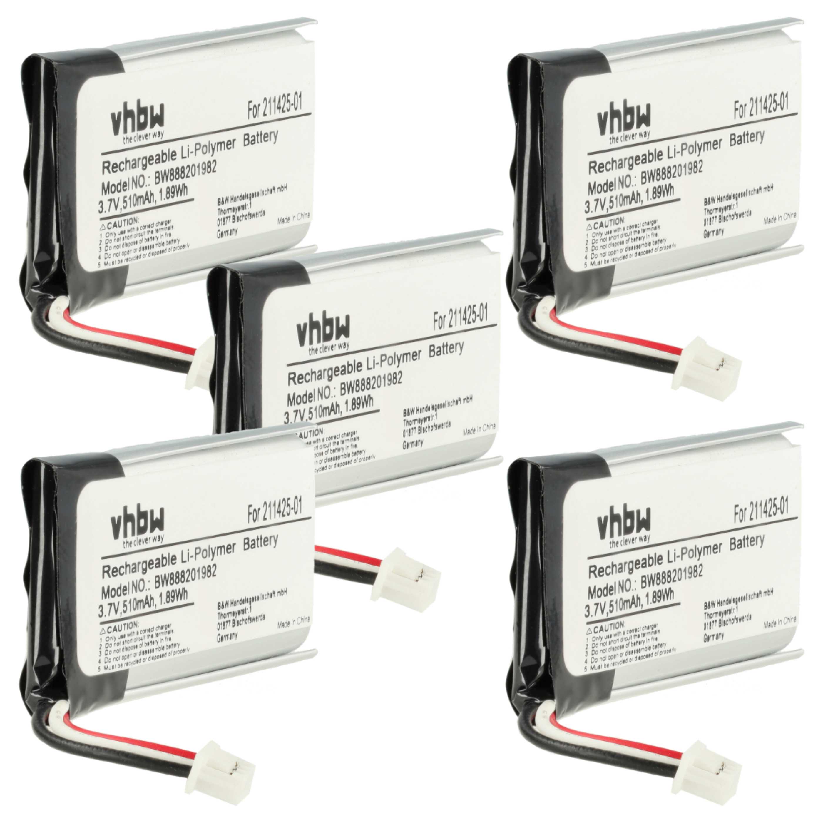 5x Akumulator do słuchawek bezprzewodowych zamiennik Plantronics 211425-01, 202555-01 - 510 mAh 3,7 V LiPo