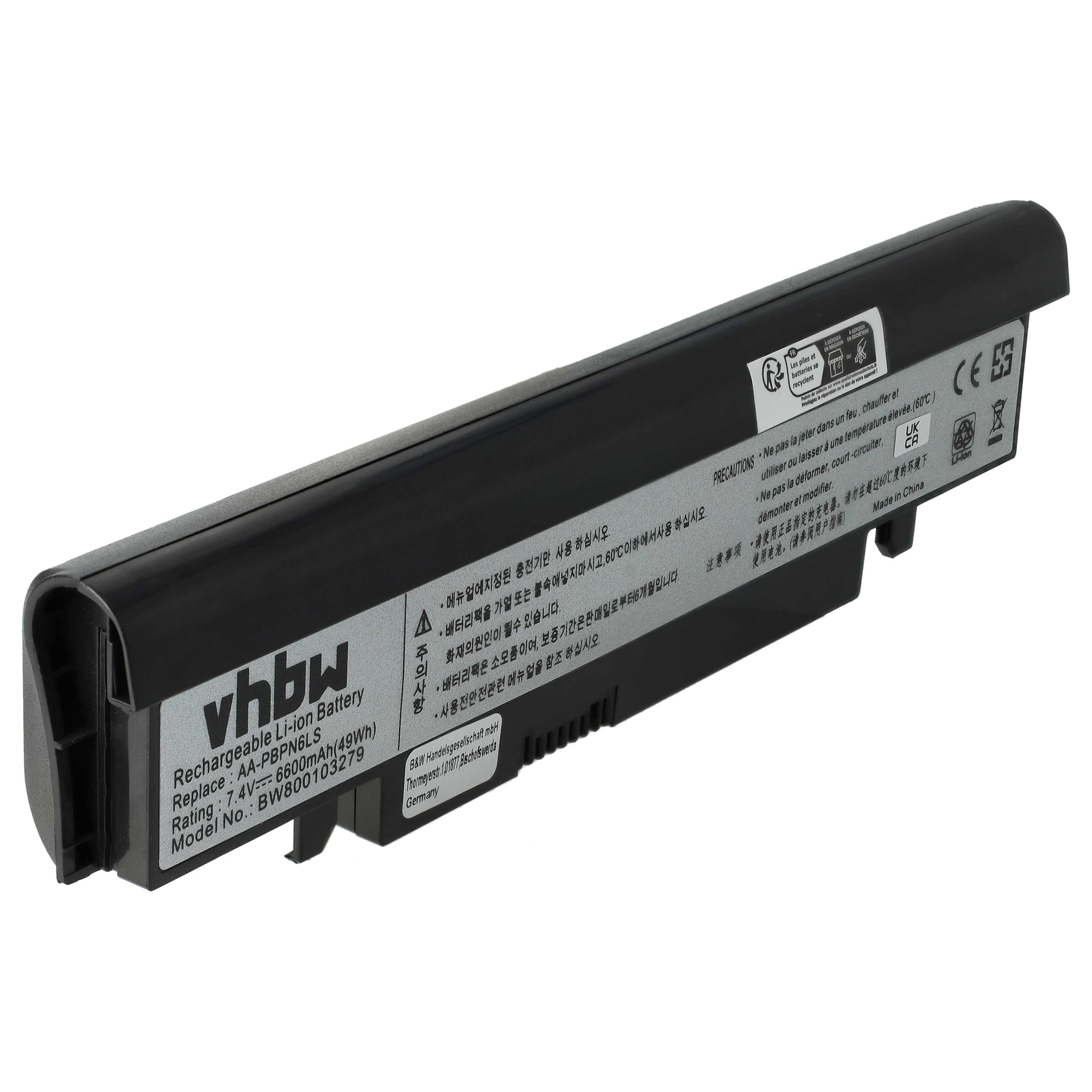 Notebook Battery Replacement for Samsung AA-PBPN6LS, AA-PBPN6LB, AA-PBPN6LW - 6600 mAh 7.4 V Li-Ion, black