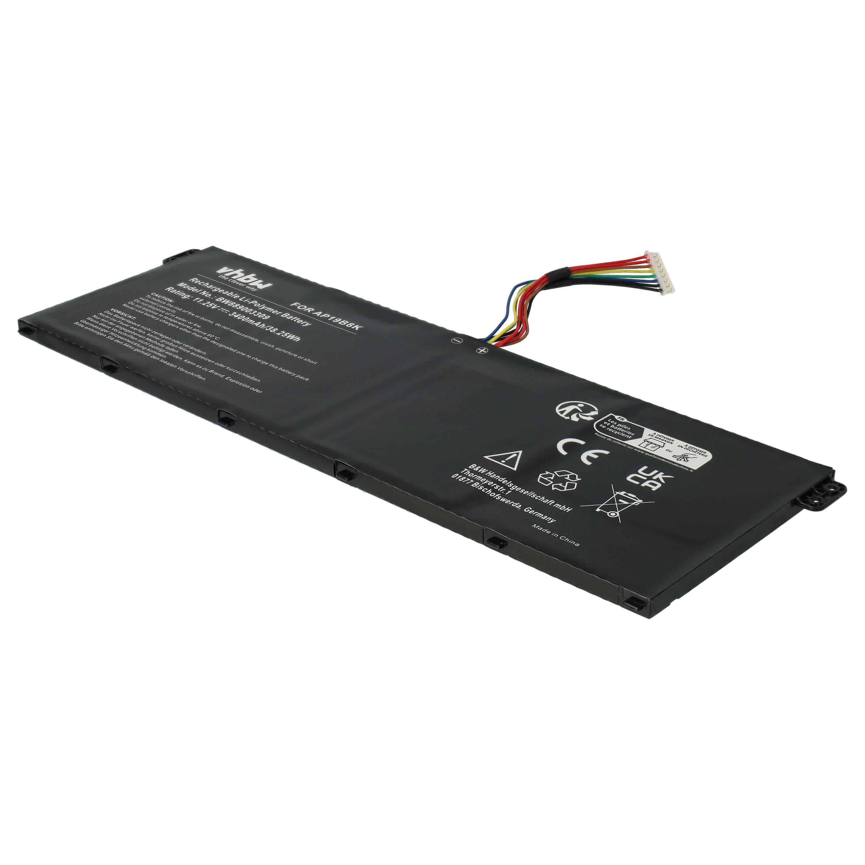 Batterie remplace Acer AP19B8K, AP18C4K pour ordinateur portable - 3400mAh 11,25V Li-polymère, noir