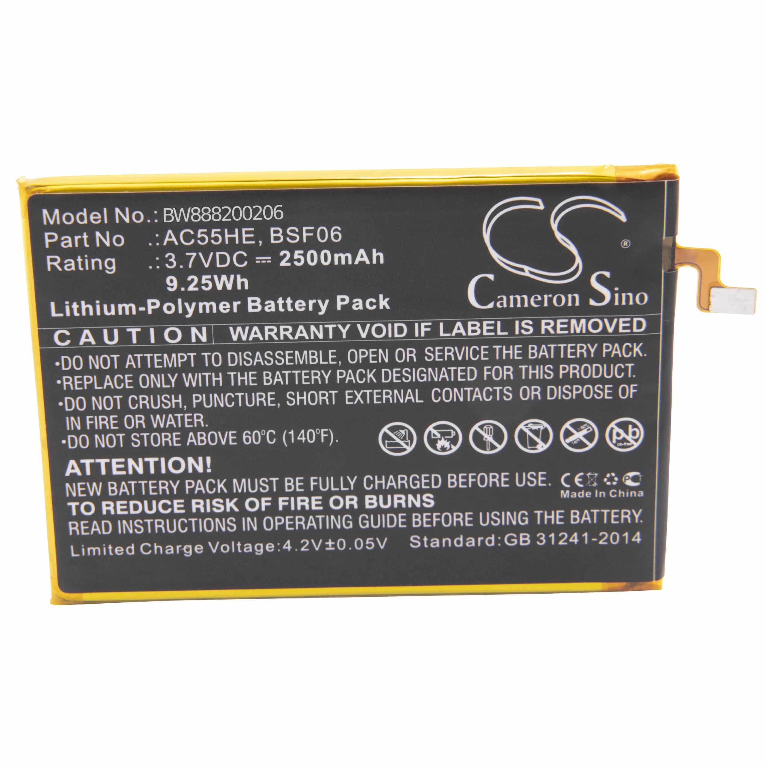 Batterie remplace Archos AC55HE, BSF06 pour téléphone portable - 2500mAh, 3,7V, Li-polymère