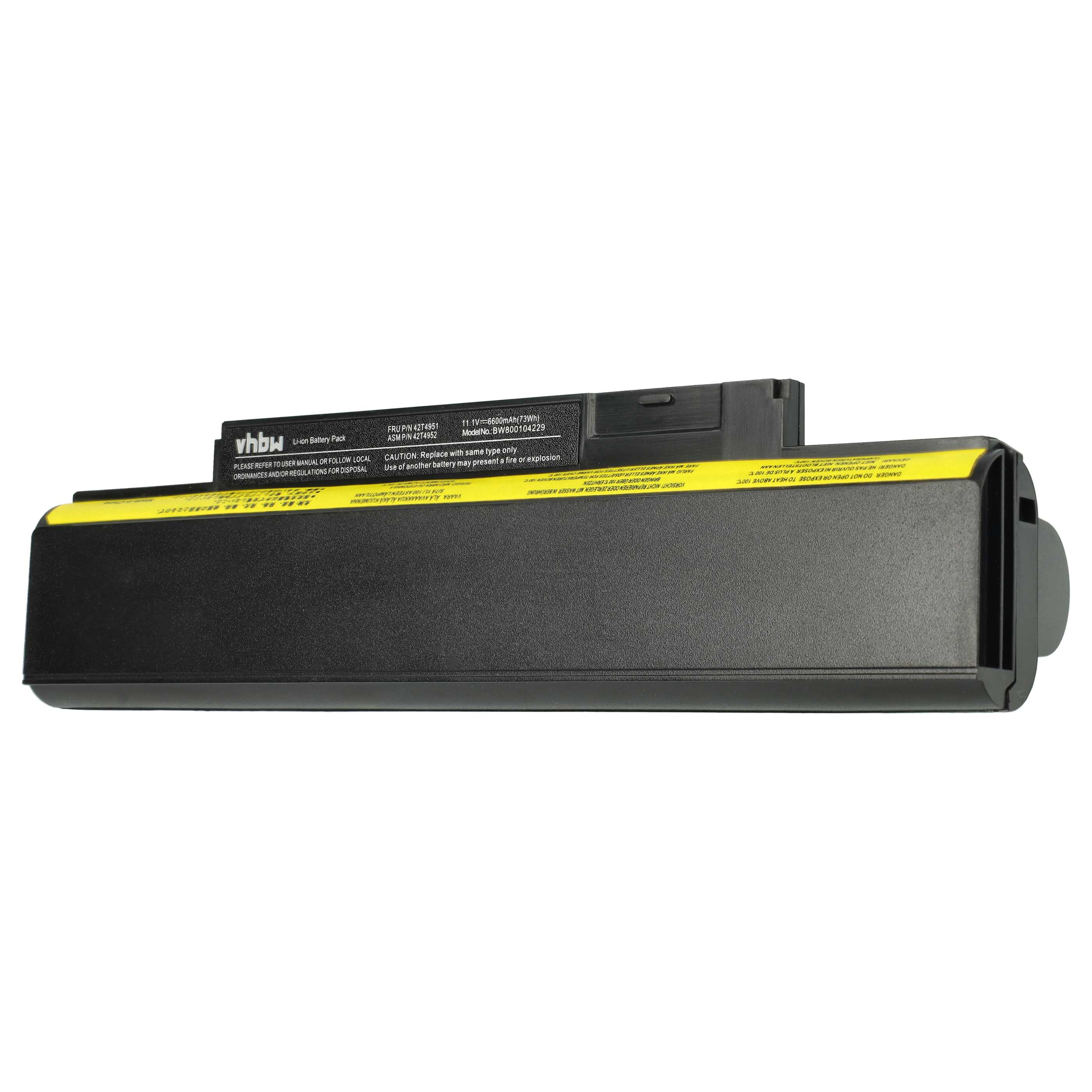 Batterie remplace Lenovo 42T4943, 0A36292, 0A36290 pour ordinateur portable - 6600mAh 11,1V Li-ion, noir