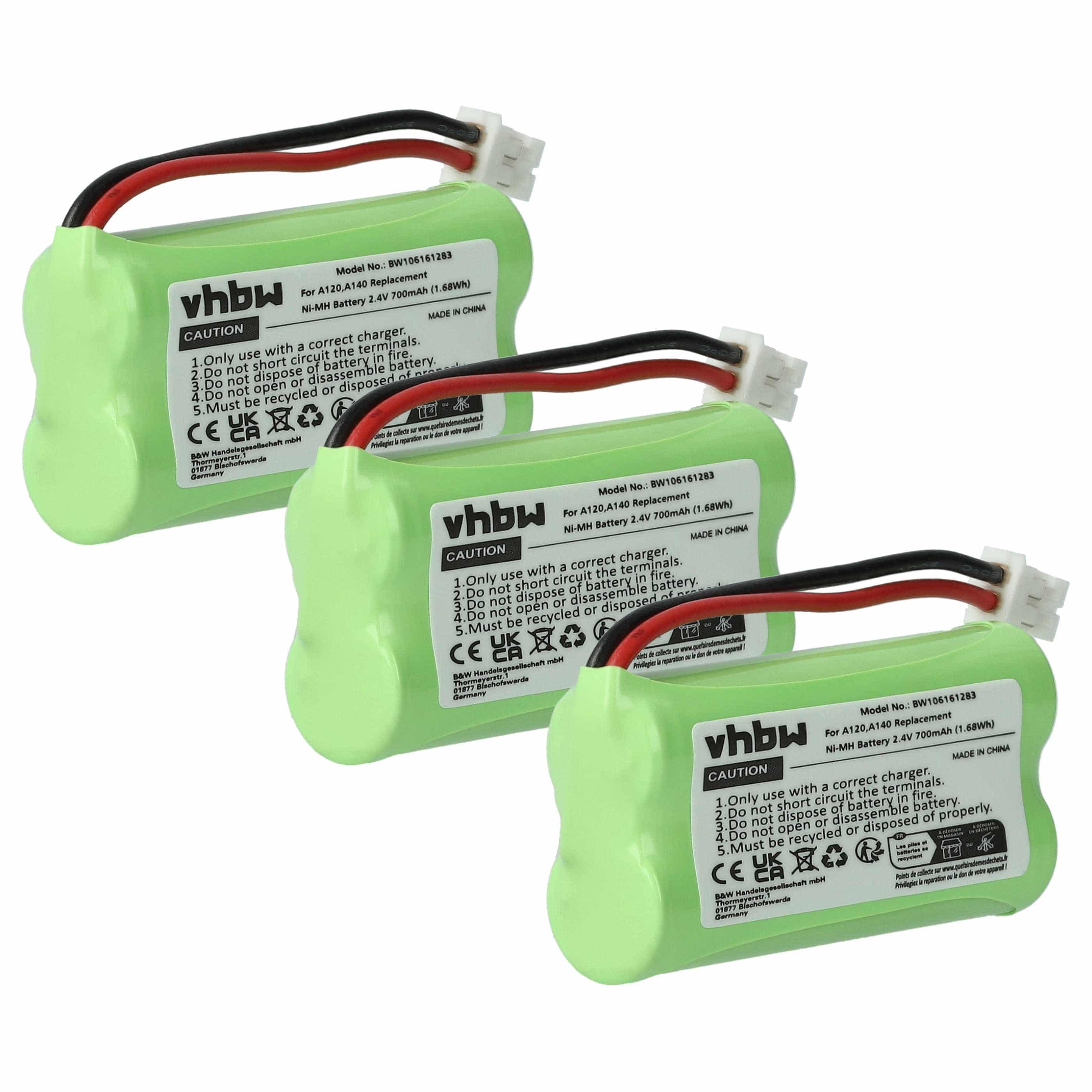 3x Batteries remplace 55AAAHR2BMX, 220382C1, 220436C1, 41AAAH2BMX pour téléphone T-Com - 700mAh 2,4V NiMH
