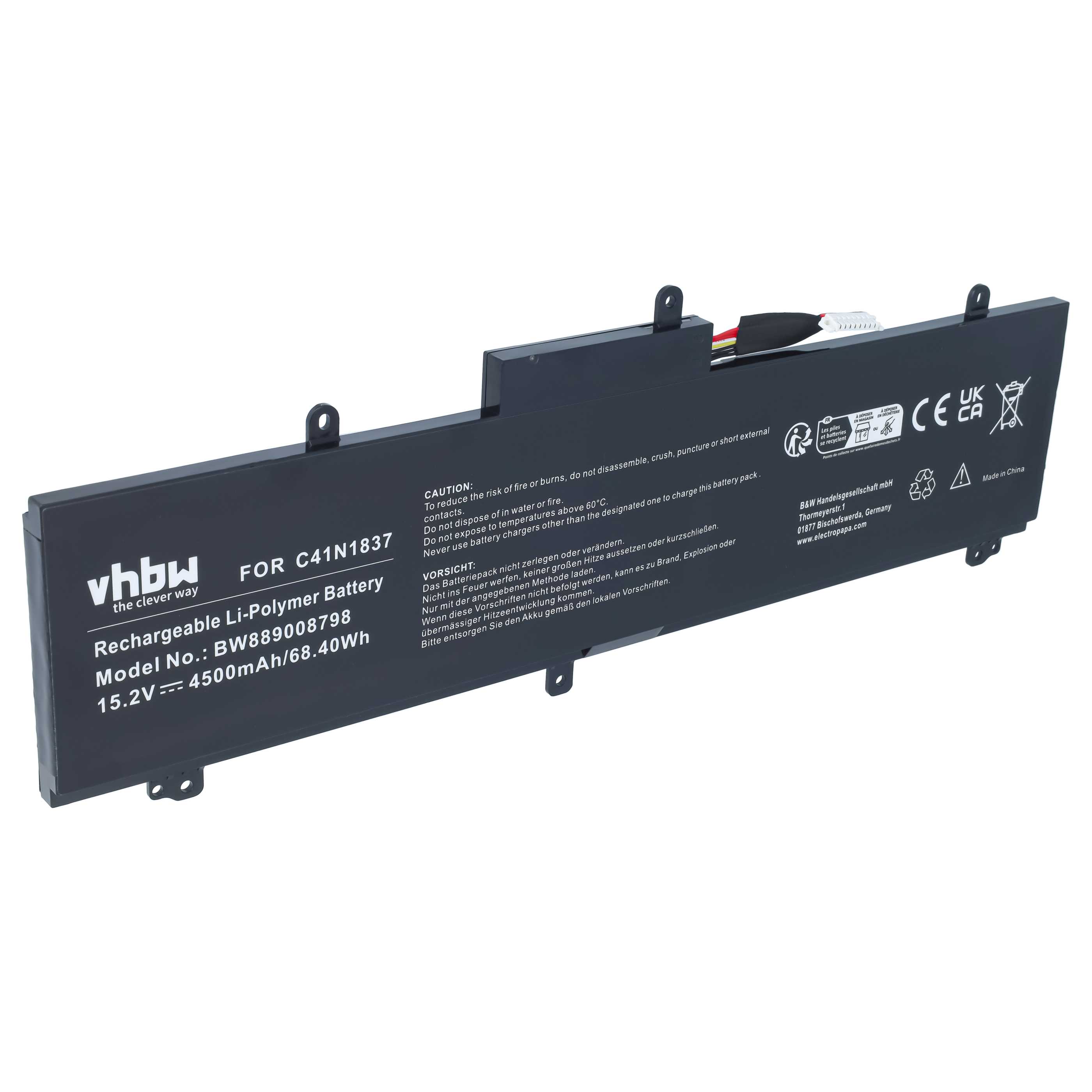 Notebook Battery replaces Asus C41N1837, 0B200-03380100 - 4500 mAh 15.2 V Li-polymer