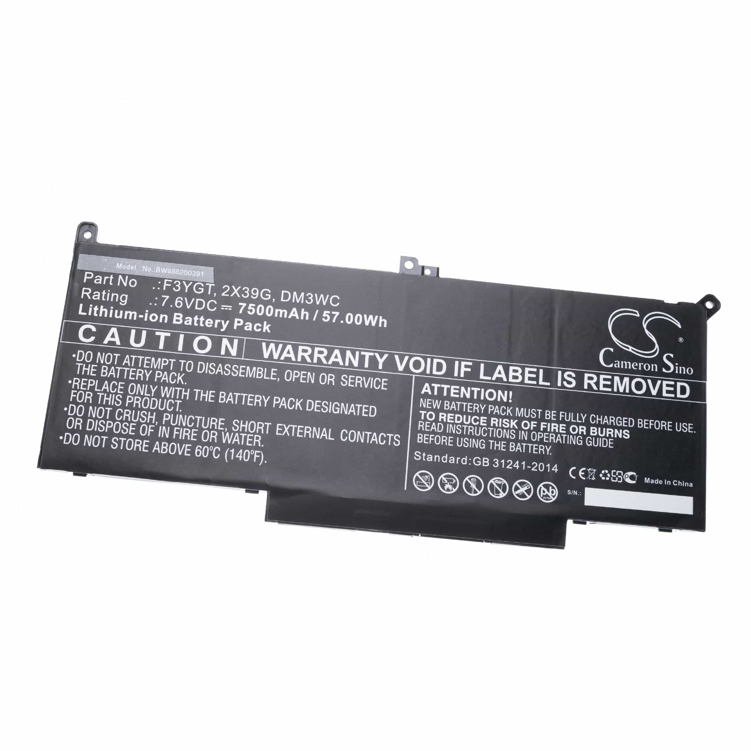 Batterie remplace Dell 0F3YGT, 0MYJ96, 0F3YGTY, 0DM3WC pour ordinateur portable - 7500mAh 7,6V Li-ion, noir