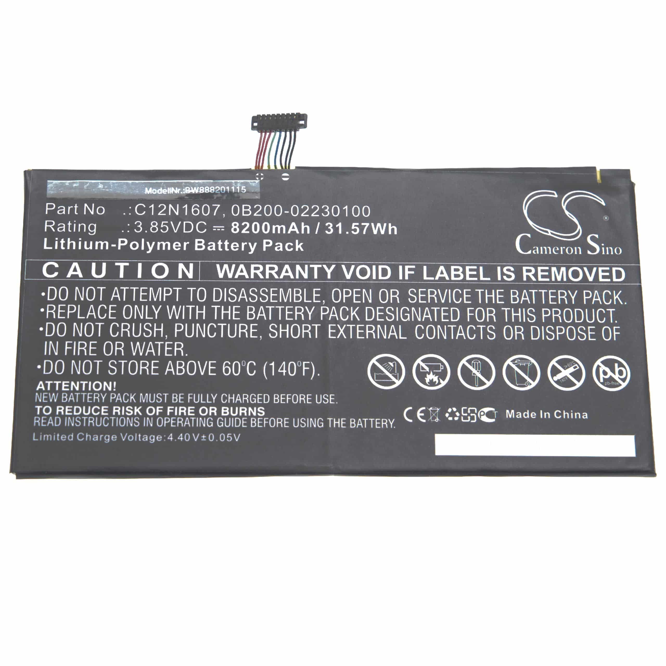 Batterie remplace Asus 0B200-02230000, 0B200-02230100, C12N1607 pour tablette - 8200mAh 3,85V Li-polymère