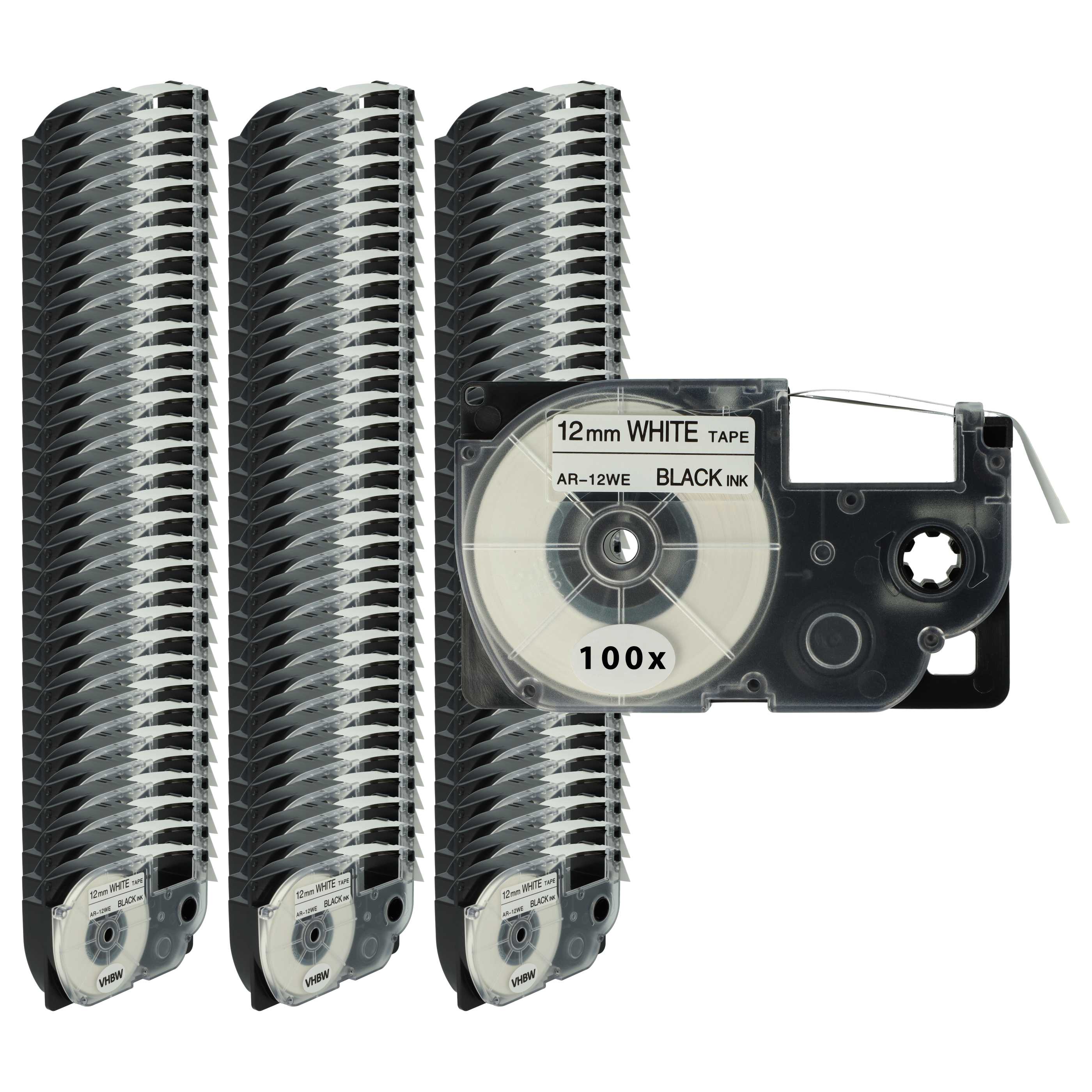 100x Label Tape replaces Casio XR-12WE, XR-12WE1 - 12 mm Black to White