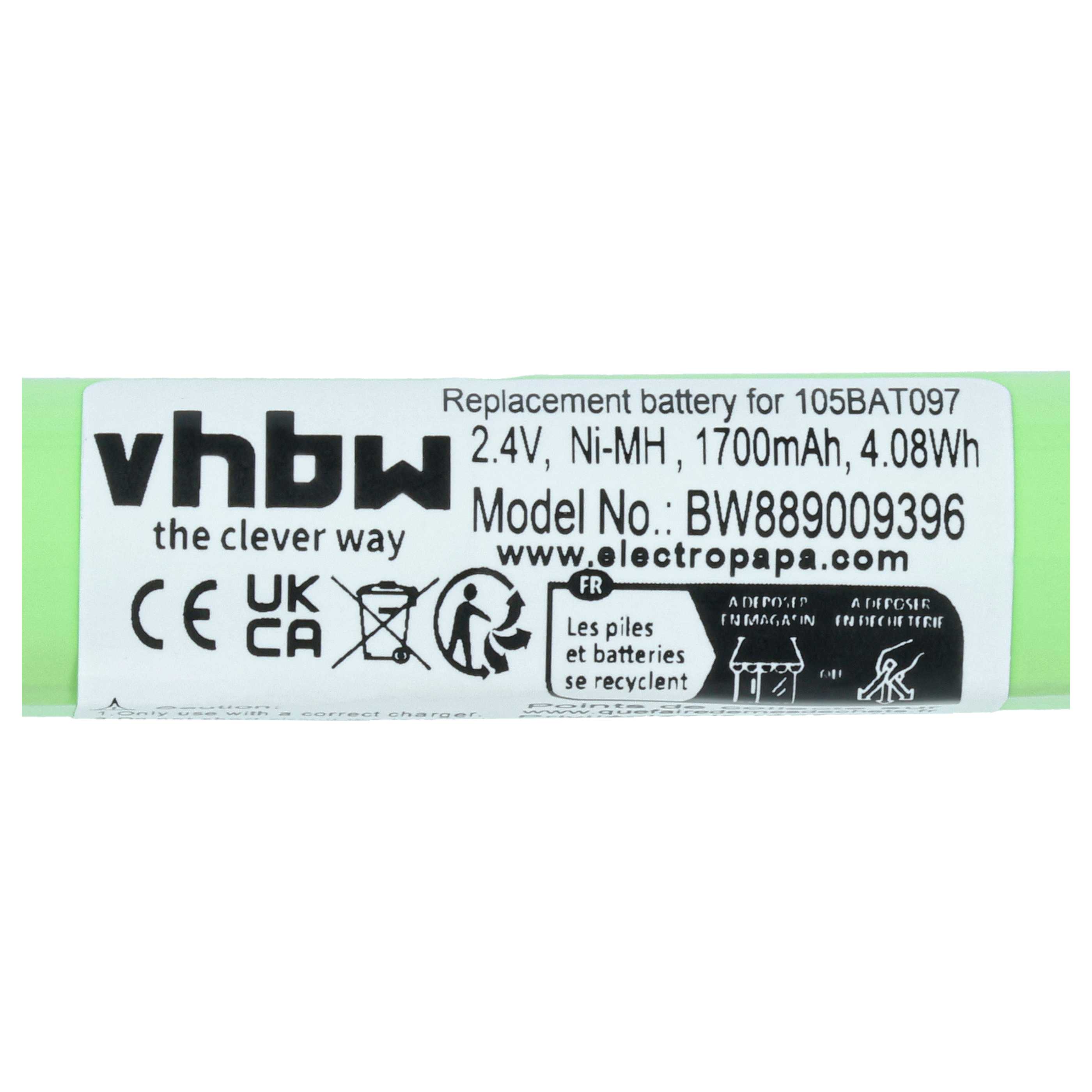 Emergency Light Battery replaces Kaufel 105BAT091 (Ni-Cd), 105BAT097 - 1700 mAh 2.4 V NiMH + cable