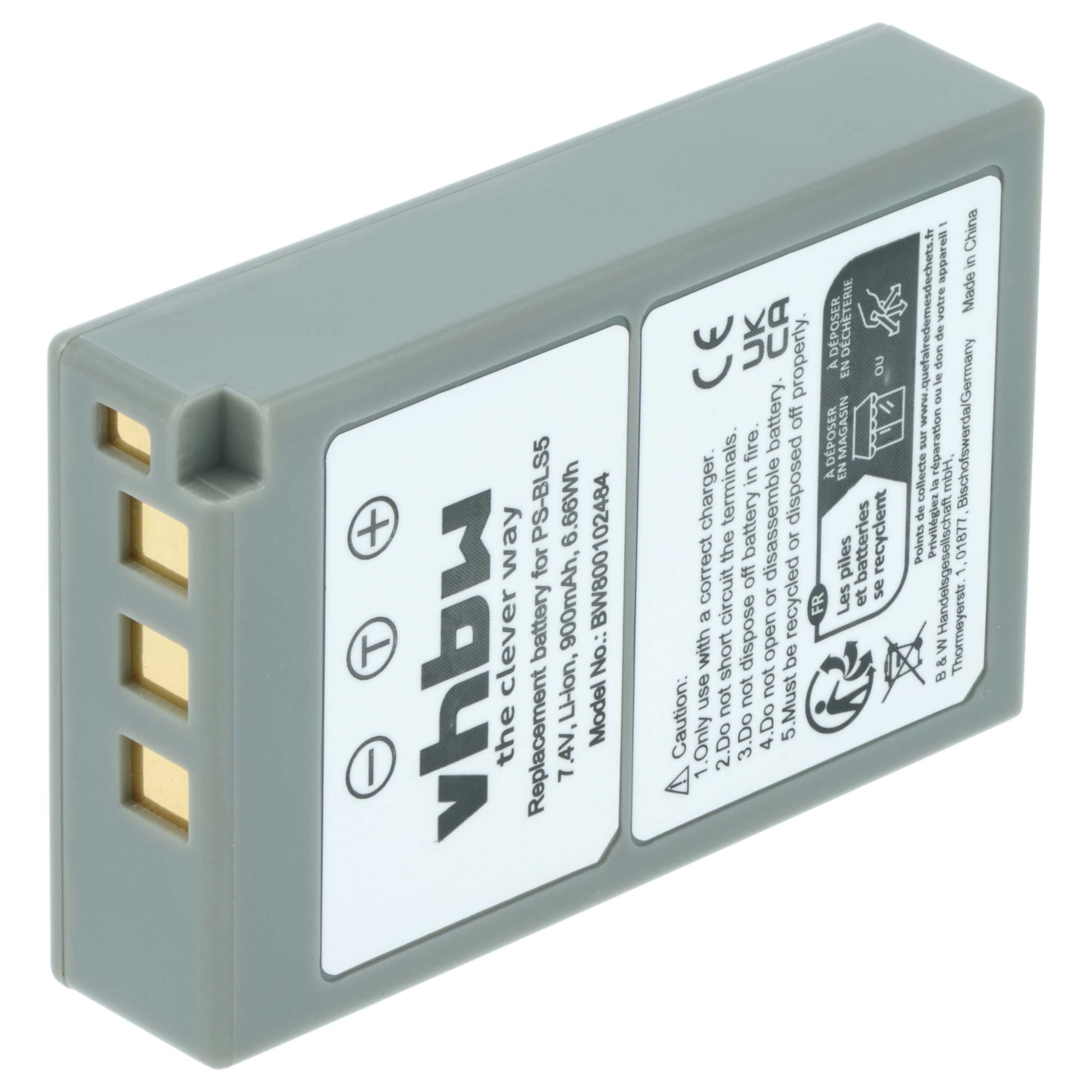 Batteria sostituisce Olympus PS-BLS5, BLS50, BLS-5, BLS-50 per fotocamera - 900mAh 7,2V Li-Ion
