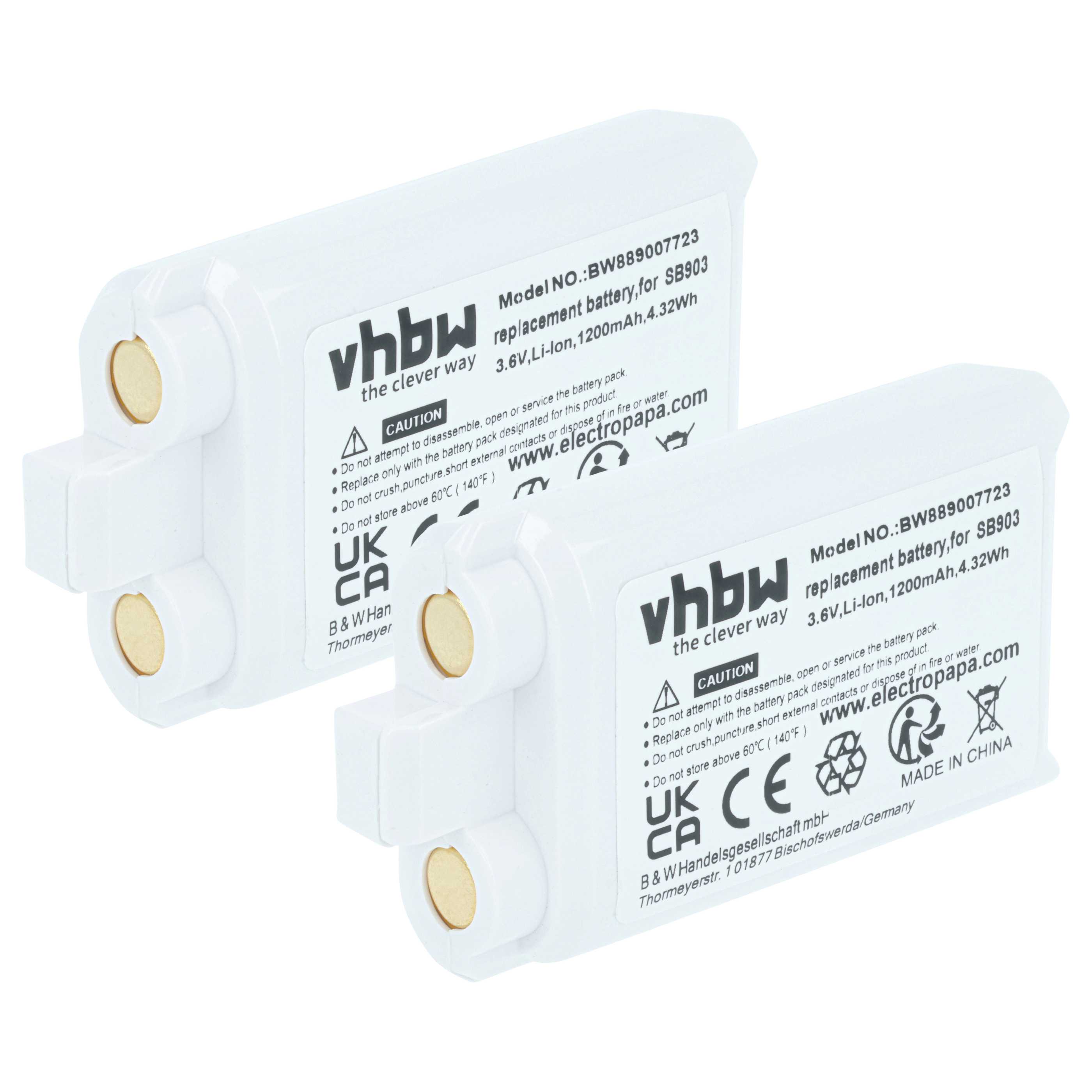 Wireless System 2x Battery replaces Shure SB903 - 1200 mAh 3.7 V Li-Ion