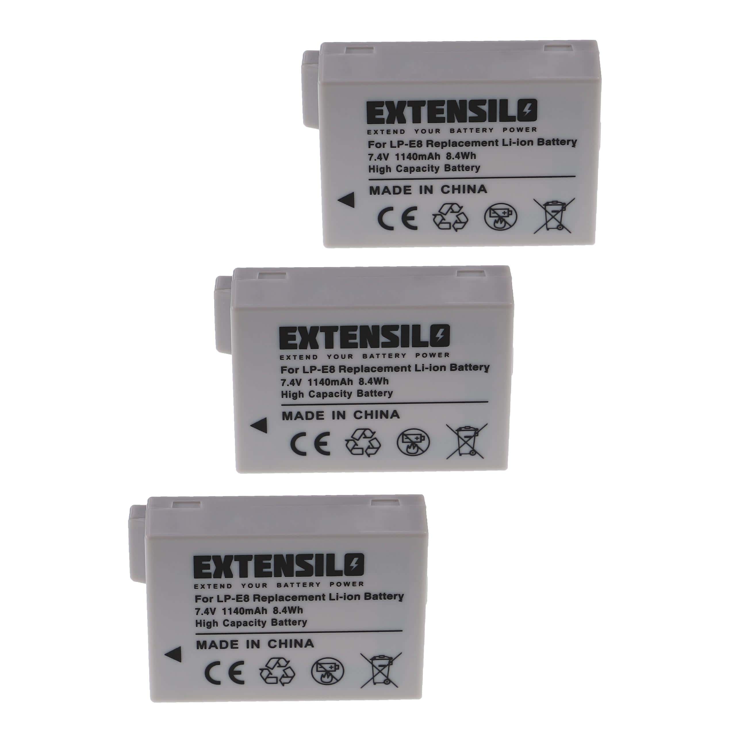 3x Battery replaces Canon LP-E8 - 1140mAh, 7.4V, Li-Ion