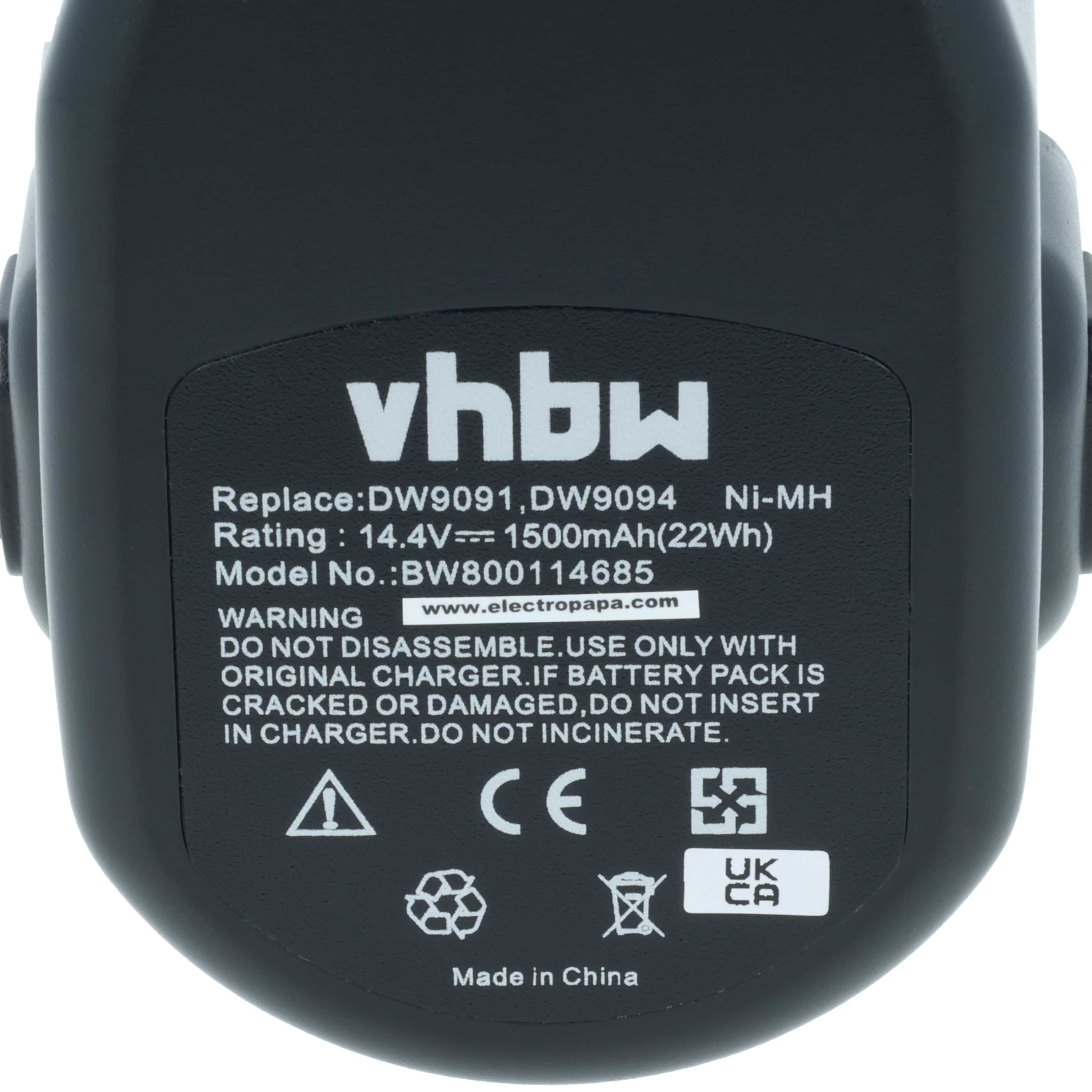 Batteria sostituisce Dewalt DE9092, DE9091, DE9502, DE9094, DC9091, DE9038 per attrezzo - 1,5Ah 14,4V NiMH