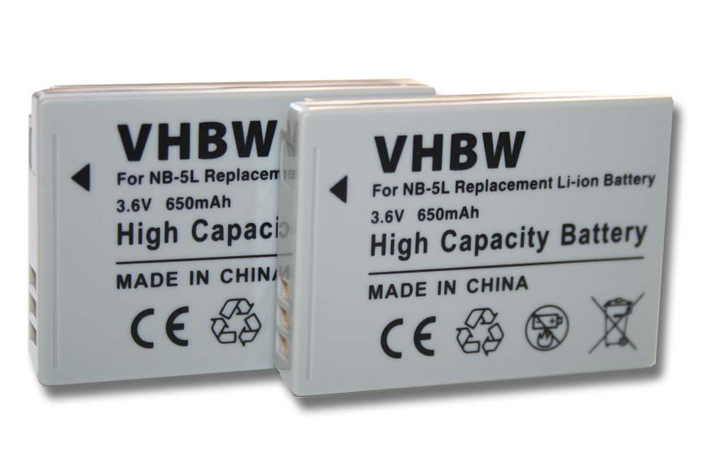 2x Batería reemplaza Canon NB-5L para cámara - 650 mAh 3,6 V Li-Ion