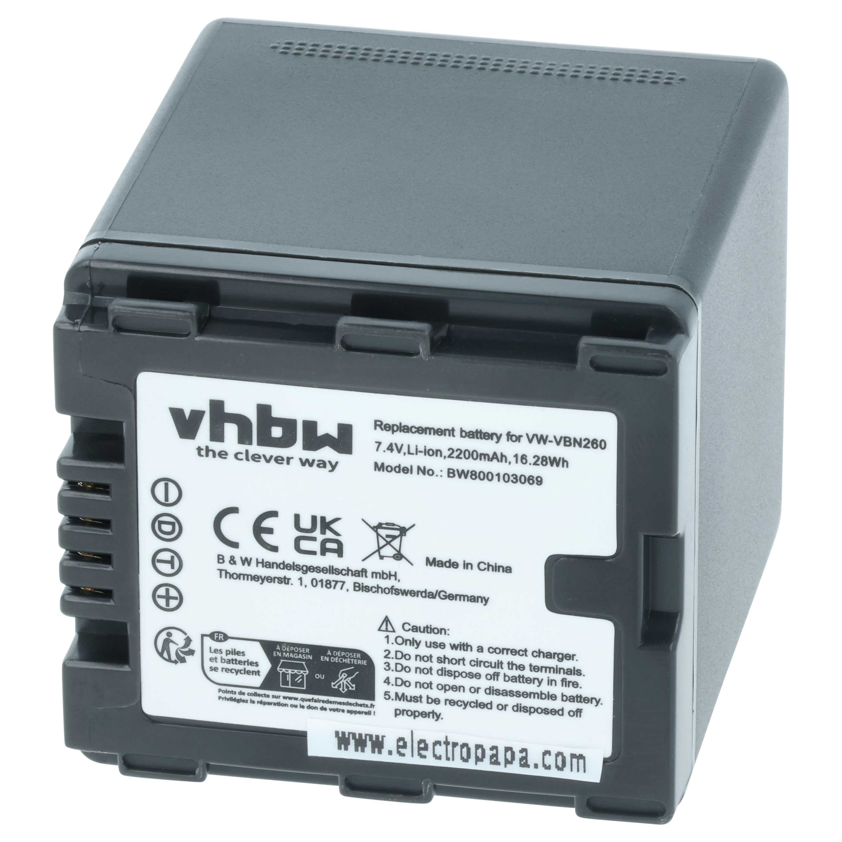Videocamera Battery replaces Panasonic VW-VBN260, VW-VBN130E-K, VW-VBN130E, VW-VBN130 - 2200 mAh 7.2 V Li-Ion