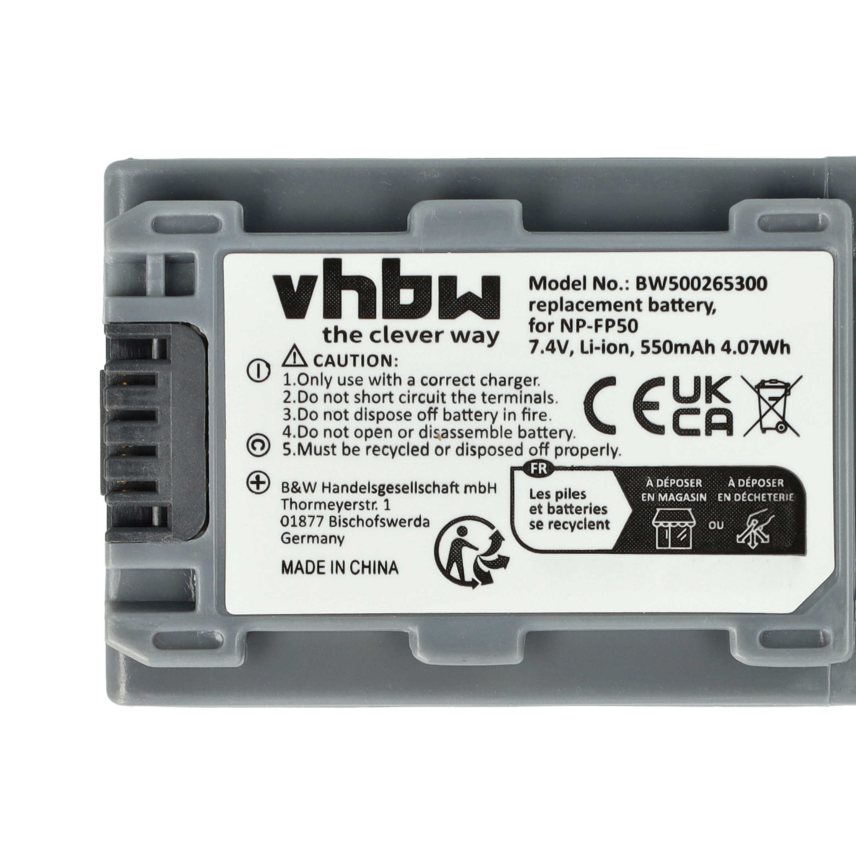 Videocamera Battery Replacement for Sony NP-FP50, NP-FP30, NP-FP60, NP-FP51, NP-FP70 - 600mAh 7.2V Li-Ion