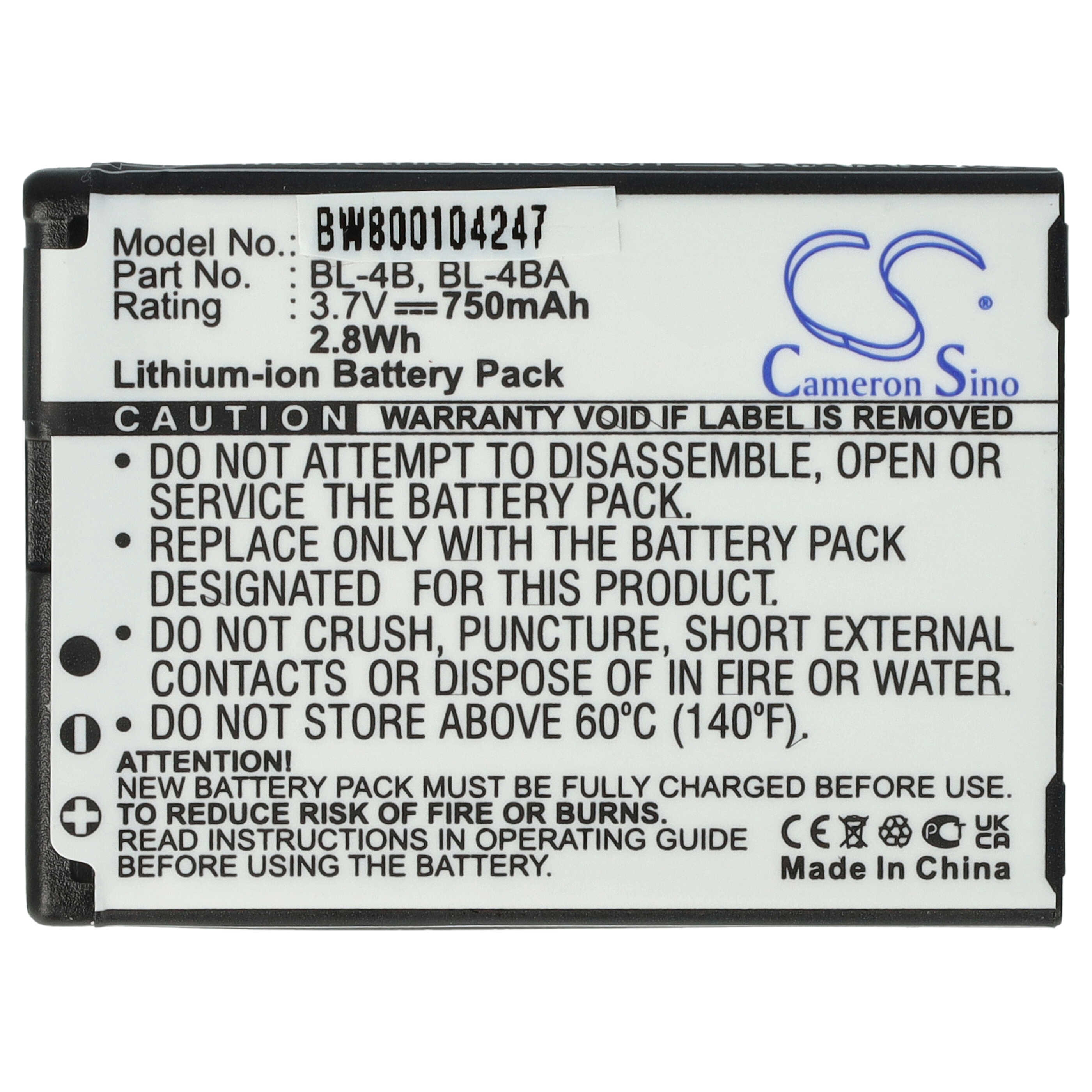 Mobile Phone Battery Replacement for Nokia BL-4BA, BL-4B - 800mAh 3.7V Li-Ion