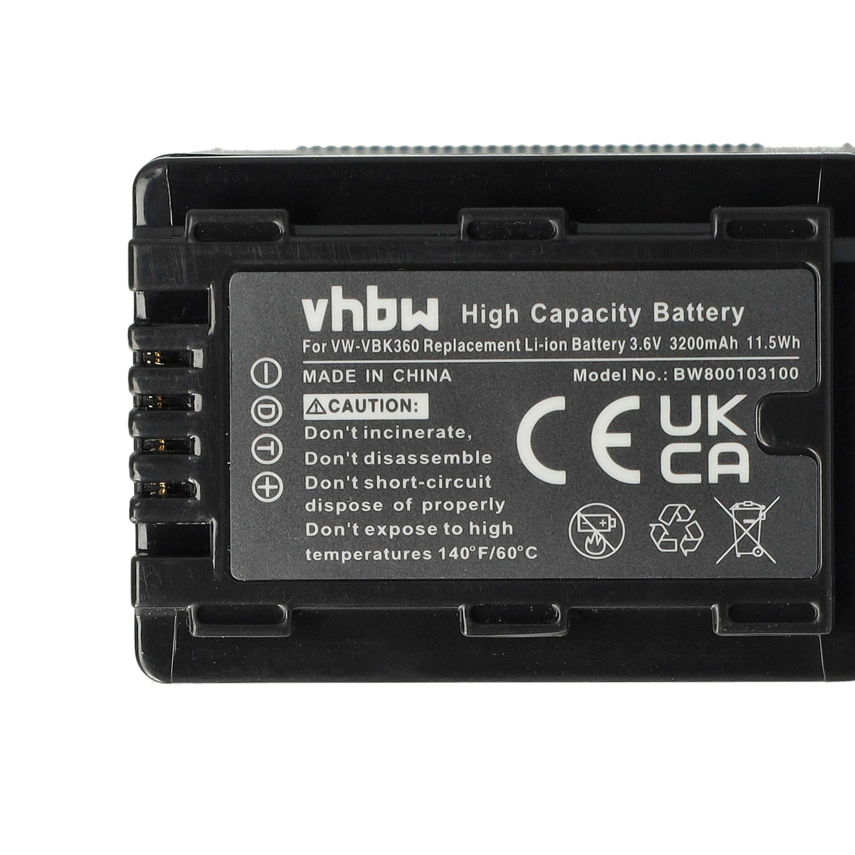 Videocamera Battery replaces Panasonic VW-VBK360, VW-VBK180, VW-VBK180-K, VW-VBK360-K - 3200 mAh 3.6 V Li-Ion