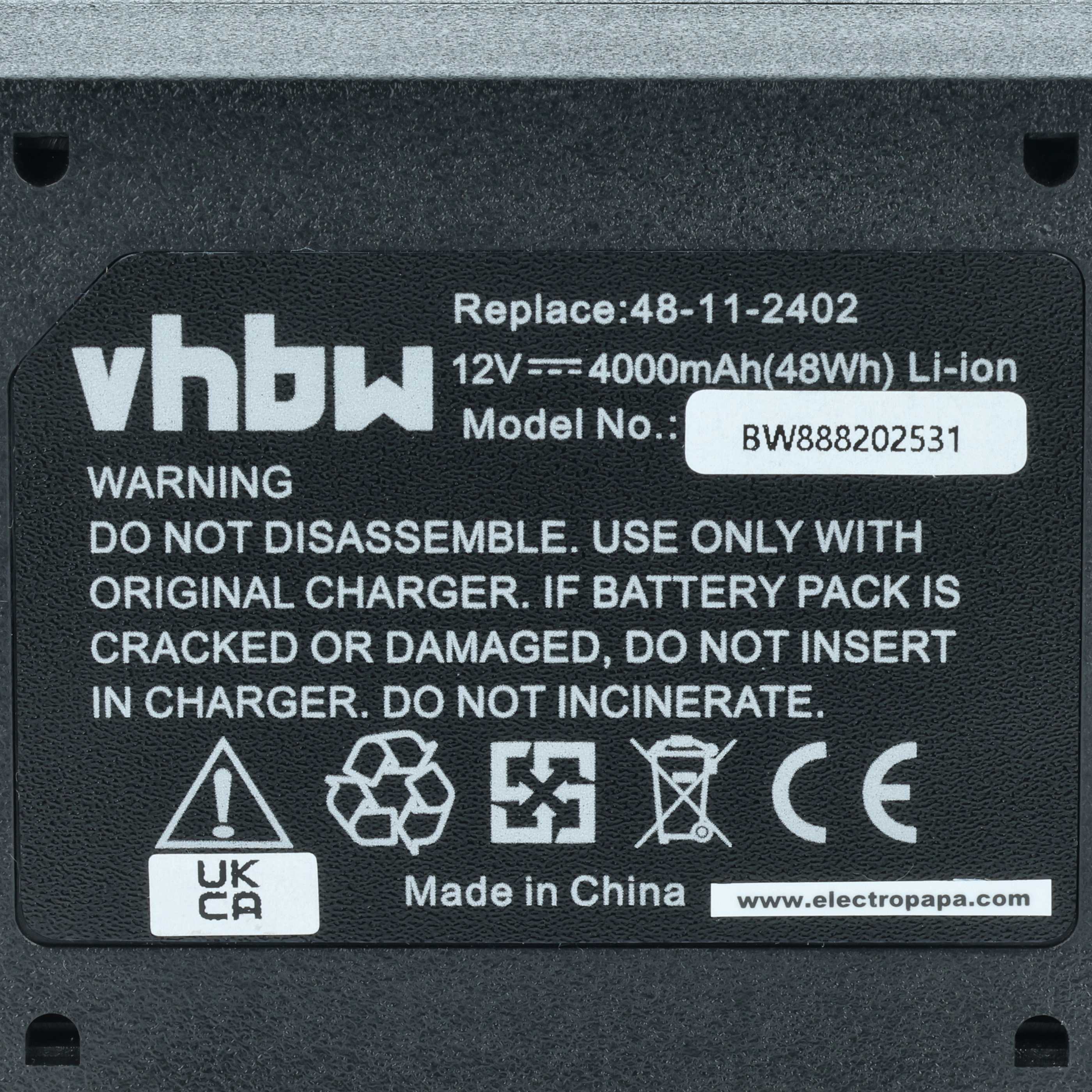 Battery replaces Milwaukee 48-11-2402, 48112401, 48-11-2401 Electric Power Tool - 4000 mAh, 12 V, Li-Ion
