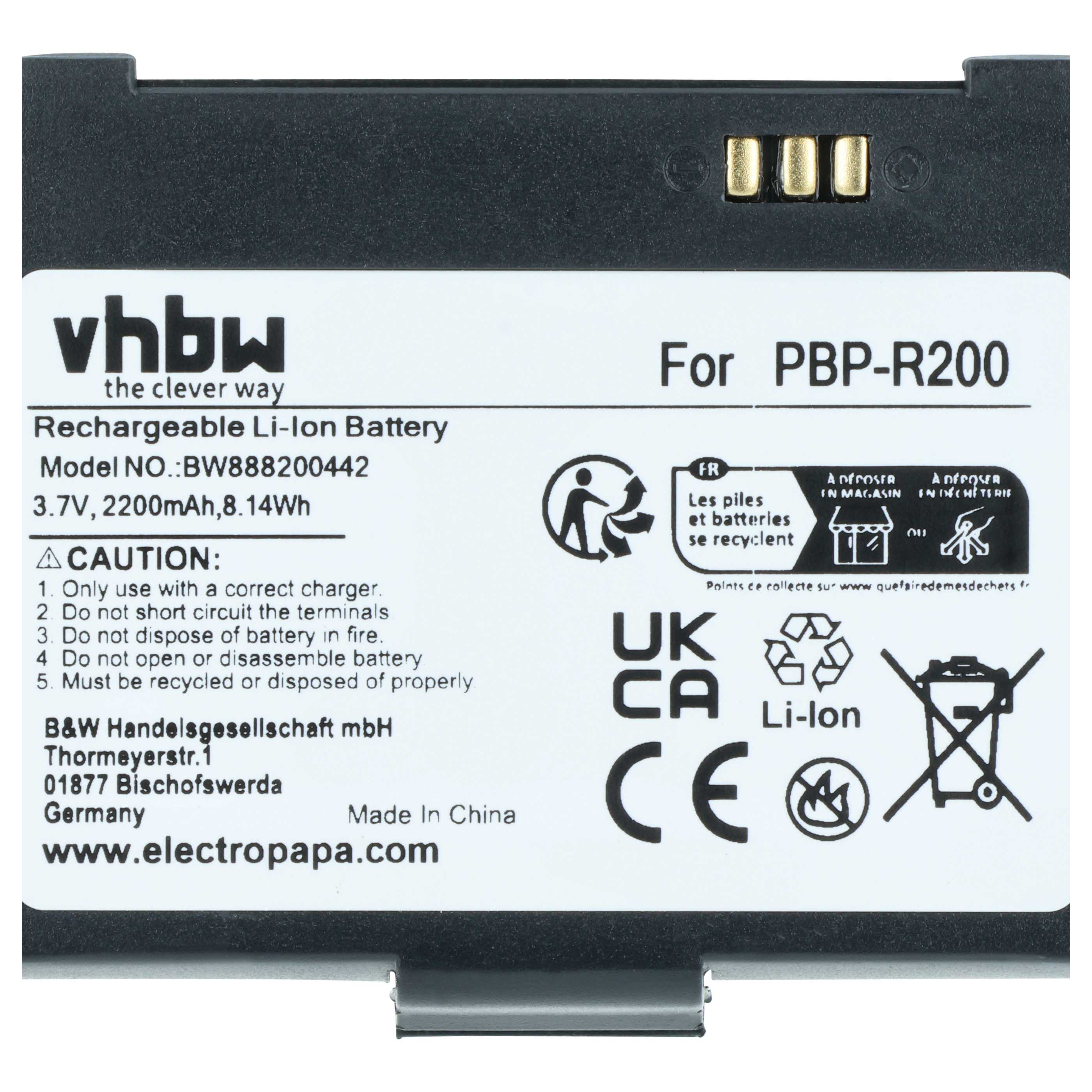 Printer Battery replaces Bixolon PBP-R200 - 2200 mAh 3.7 V Li-Ion