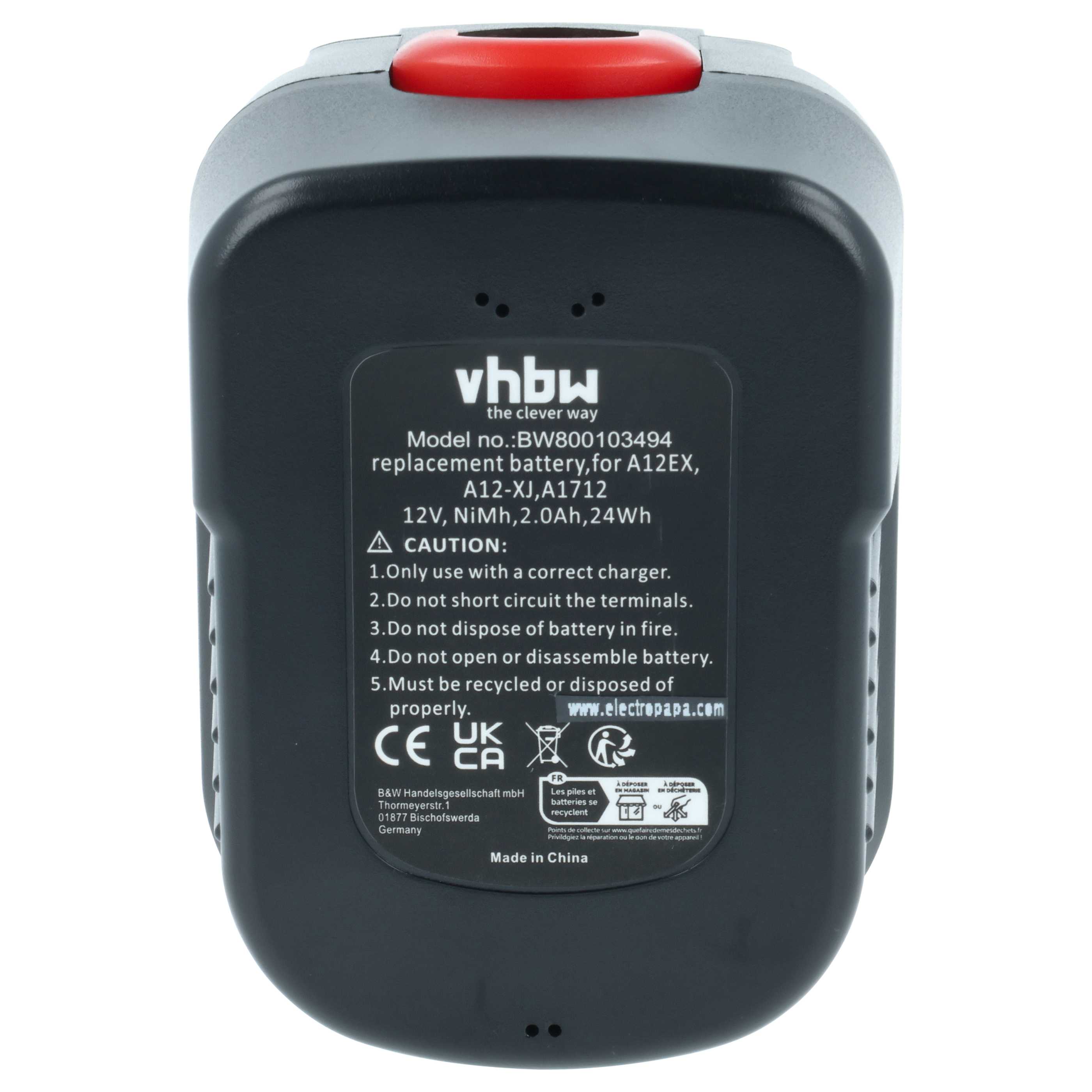3x Battery replaces Black & Decker A12, A12-XJ, A12EX, A1712, A12E Electric Power Tool - 2000 mAh, 12 V, NiMH