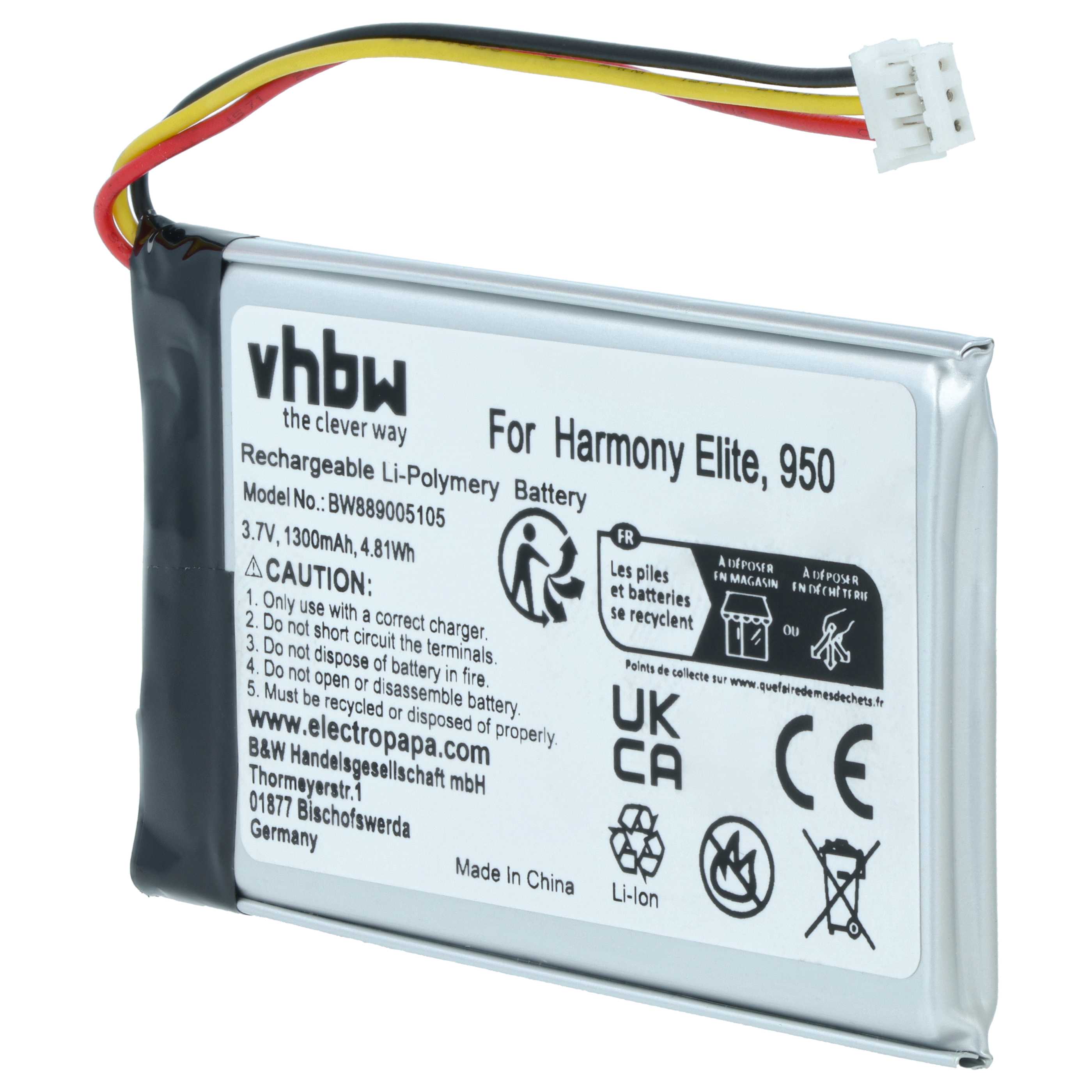 Batterie remplace Logitech 533-000128, 623158 pour téléphone Logitech - 1300mAh 3,7V Li-polymère
