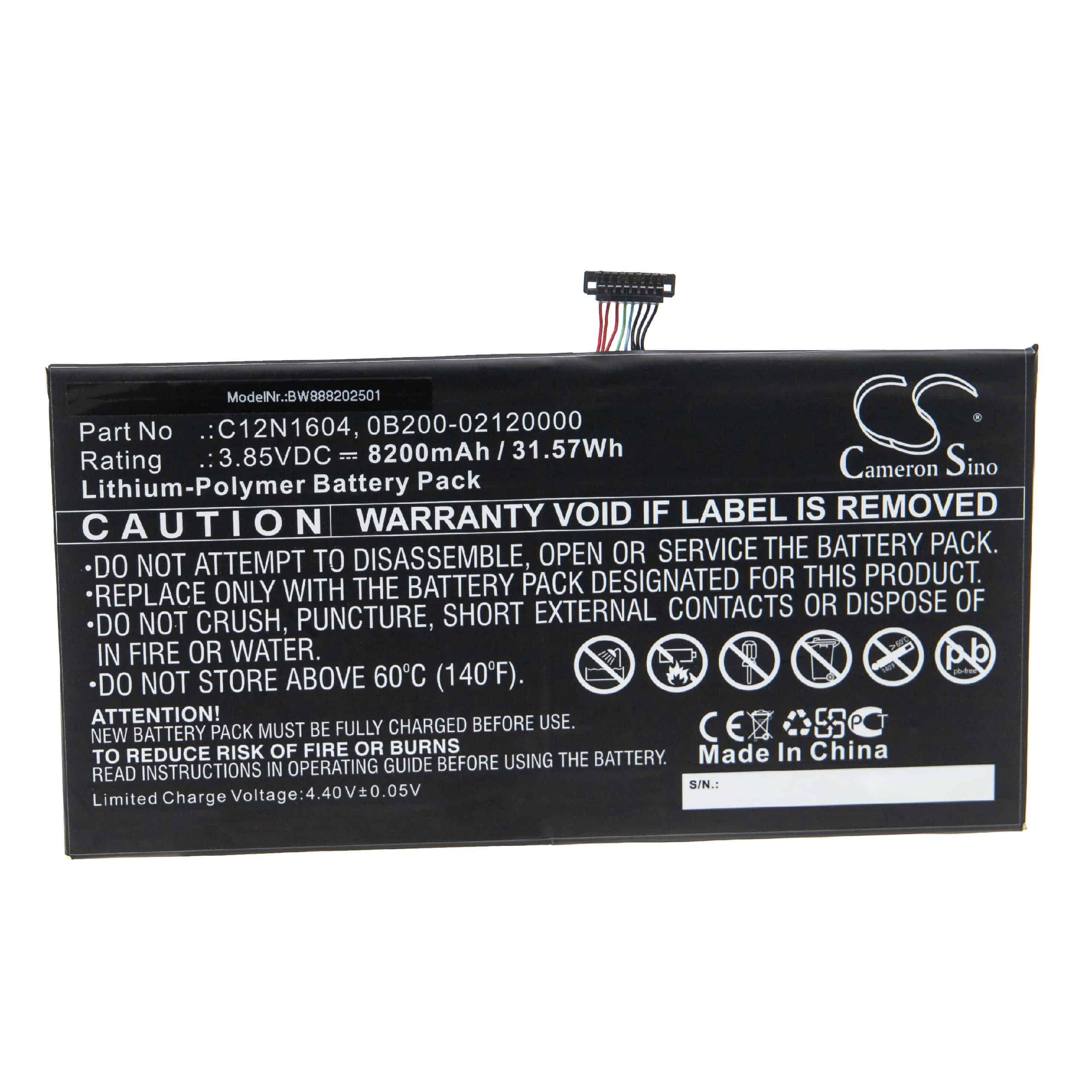 Batterie remplace Asus 0B200-02120000, 0B200-02120100, AD2068520 pour tablette - 8200mAh 3,85V Li-polymère