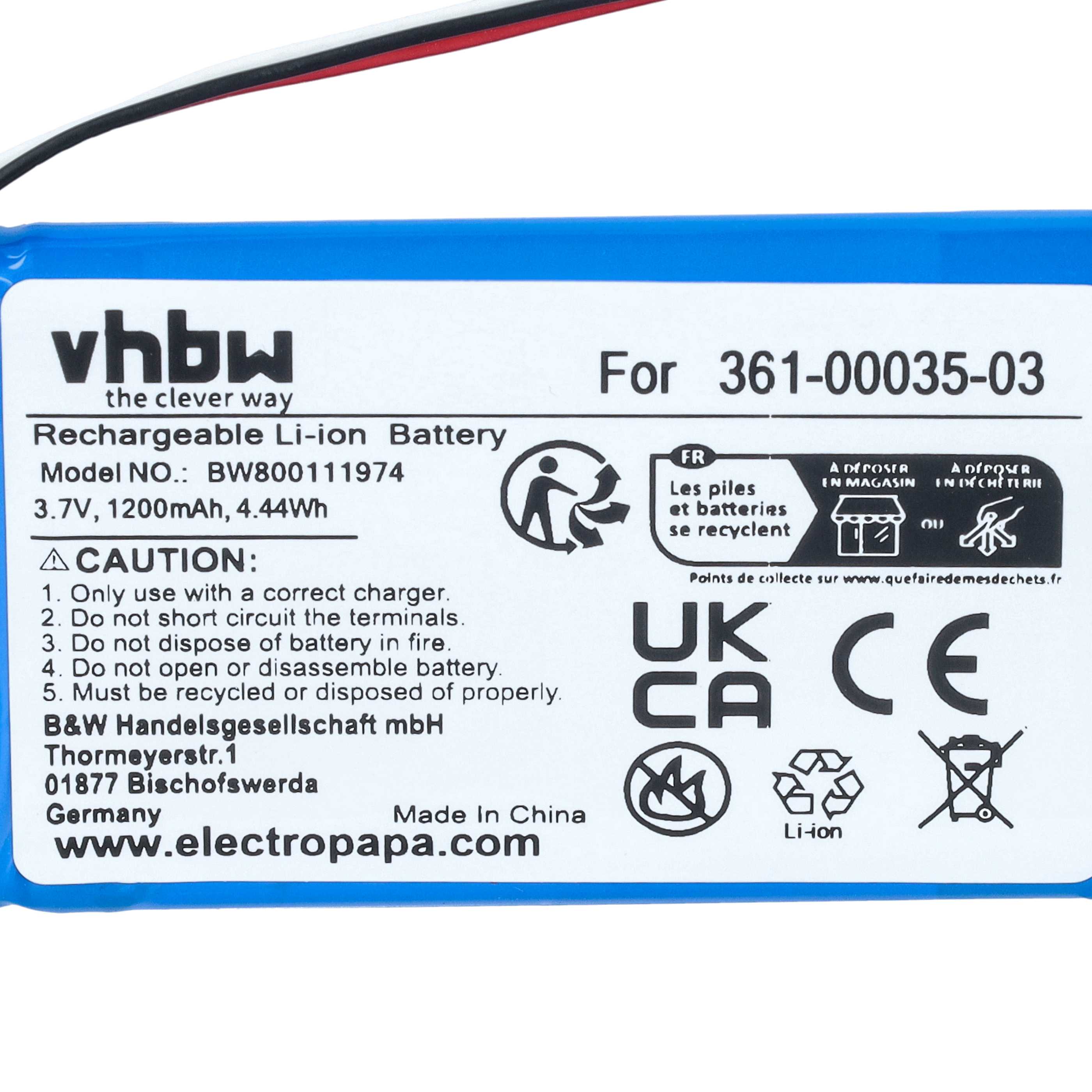 GPS Battery replaces Garmin 361-00035-03, AI32AI32FA14Y, 361-00035-00, KE37BE49D0DX3 - 1200mAh, 3.7V
