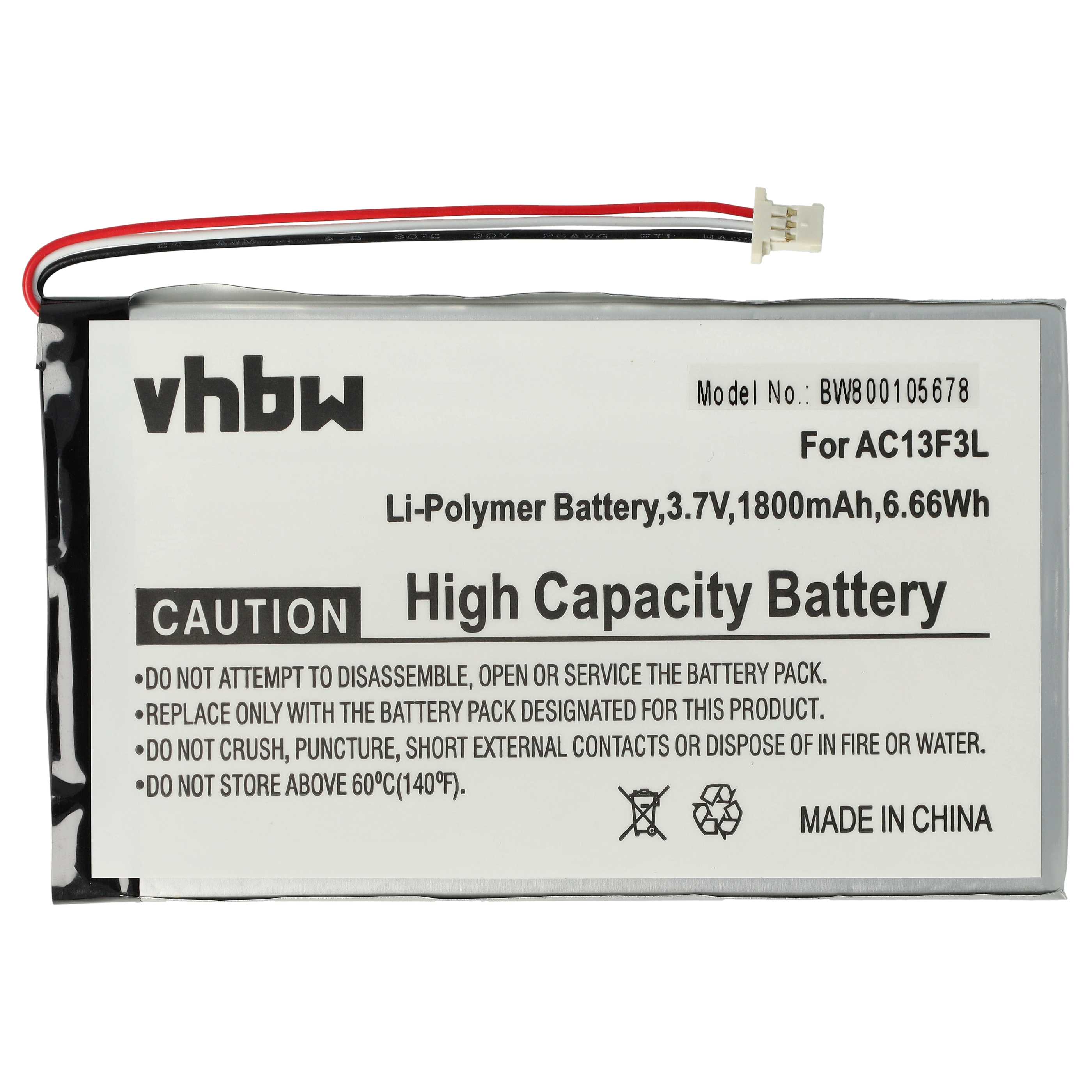 Tablet Battery Replacement for Acer KT.0010G.002D, BAT-715(1ICP5/58/94) - 1800 mAh 3.7 V Li-polymer